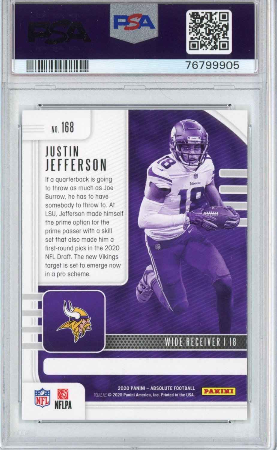 Graded 2020 Panini Absolute Justin Jefferson #168 Blue Rookie RC Football Card PSA 9 Mint