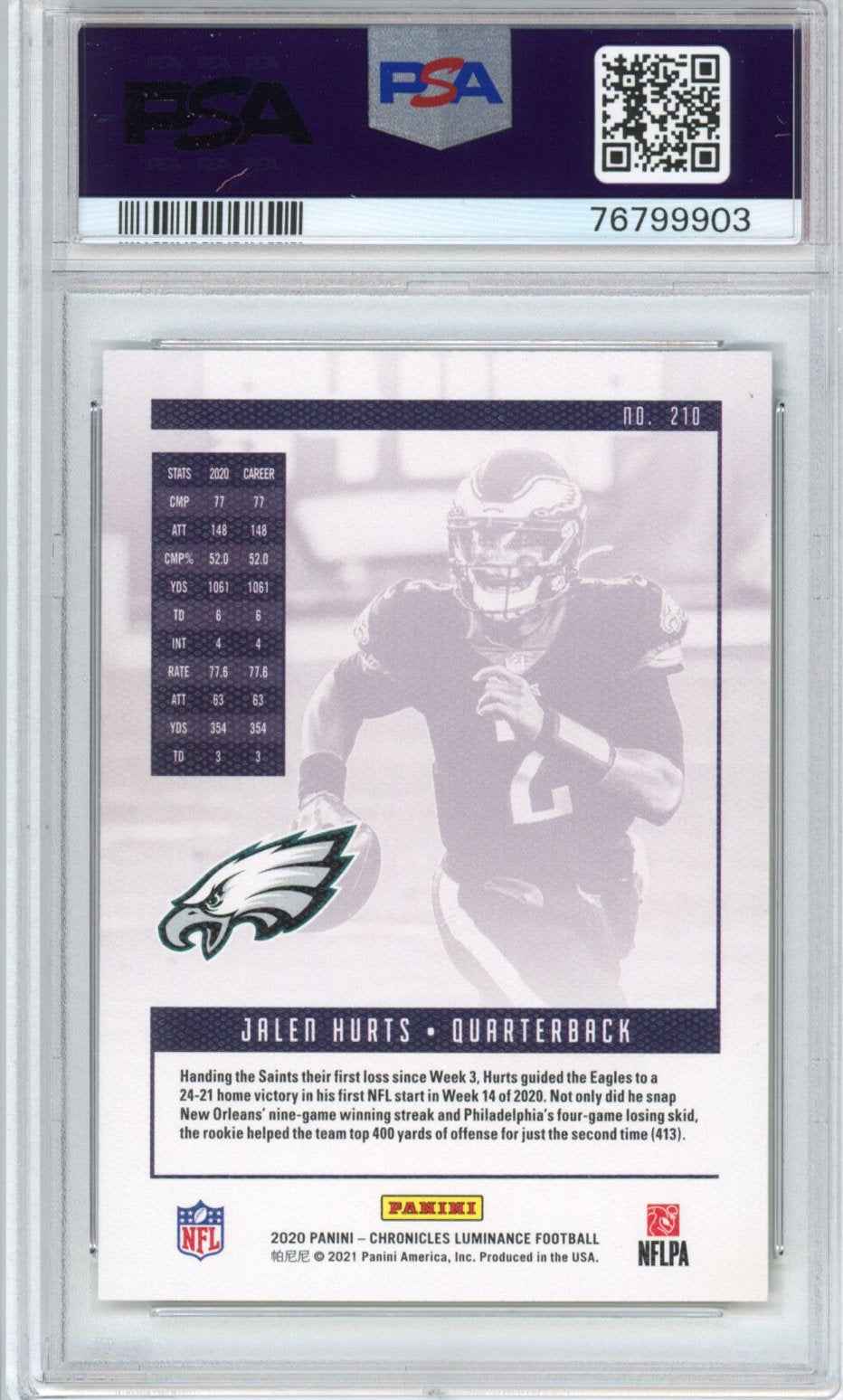 Graded 2020 Panini Chronicles Jalen Hurts #210 Luminance Rookie RC Football Card PSA 9 Mint