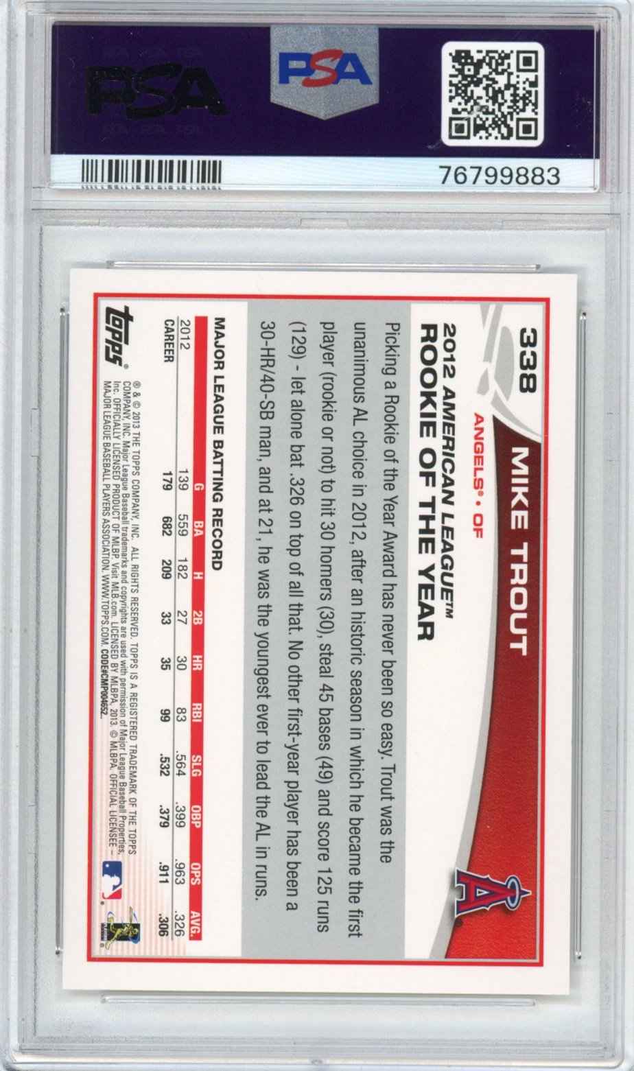 Graded 2013 Topps Mike Trout #338 AL Rookie of the Year RC Baseball Card PSA 10 Gem Mint