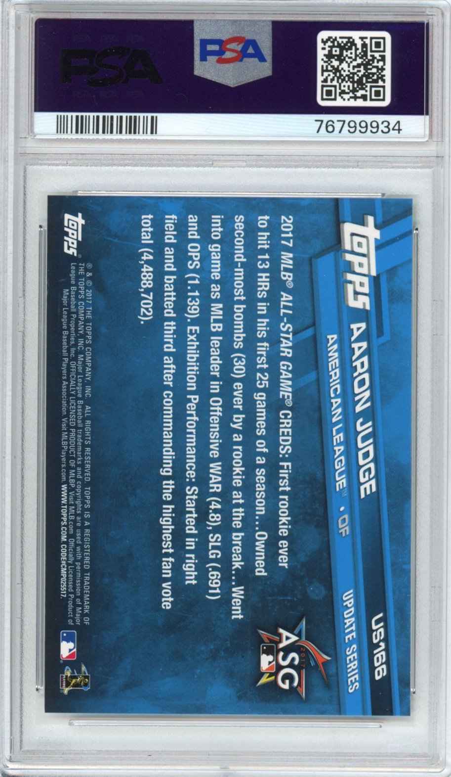 Graded 2017 Topps Update Aaron Judge #US166 Throwing Rookie RC Baseball Card PSA 10 Gem Mint