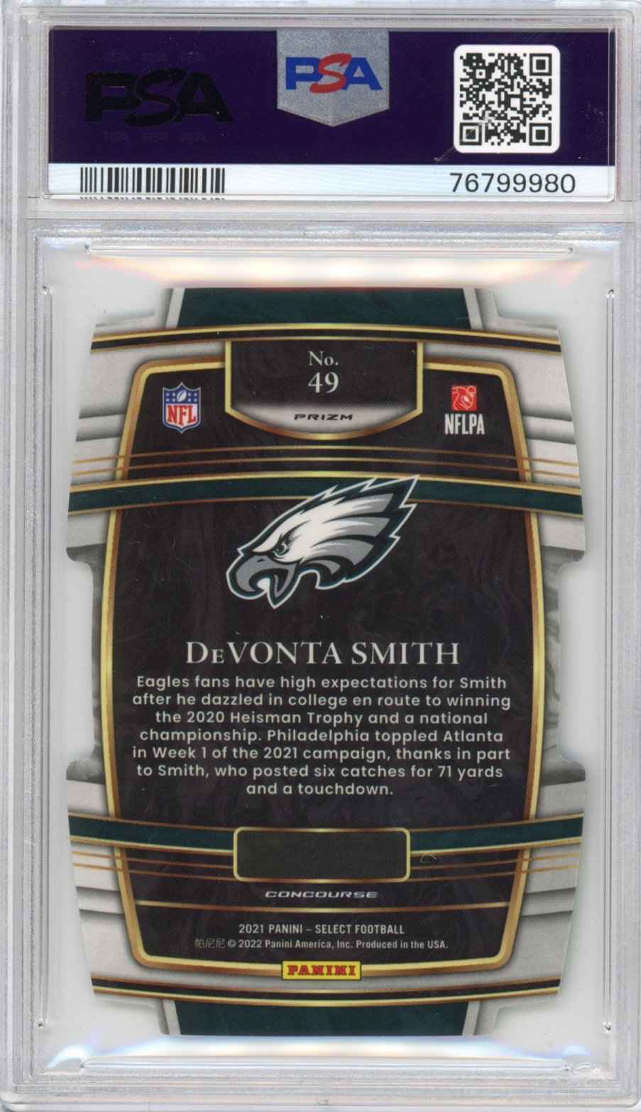Graded 2021 Panini Select Devonta Smith #49 Die-Cut Green/Yellow Prizm Concourse Rookie RC Football Card PSA 10