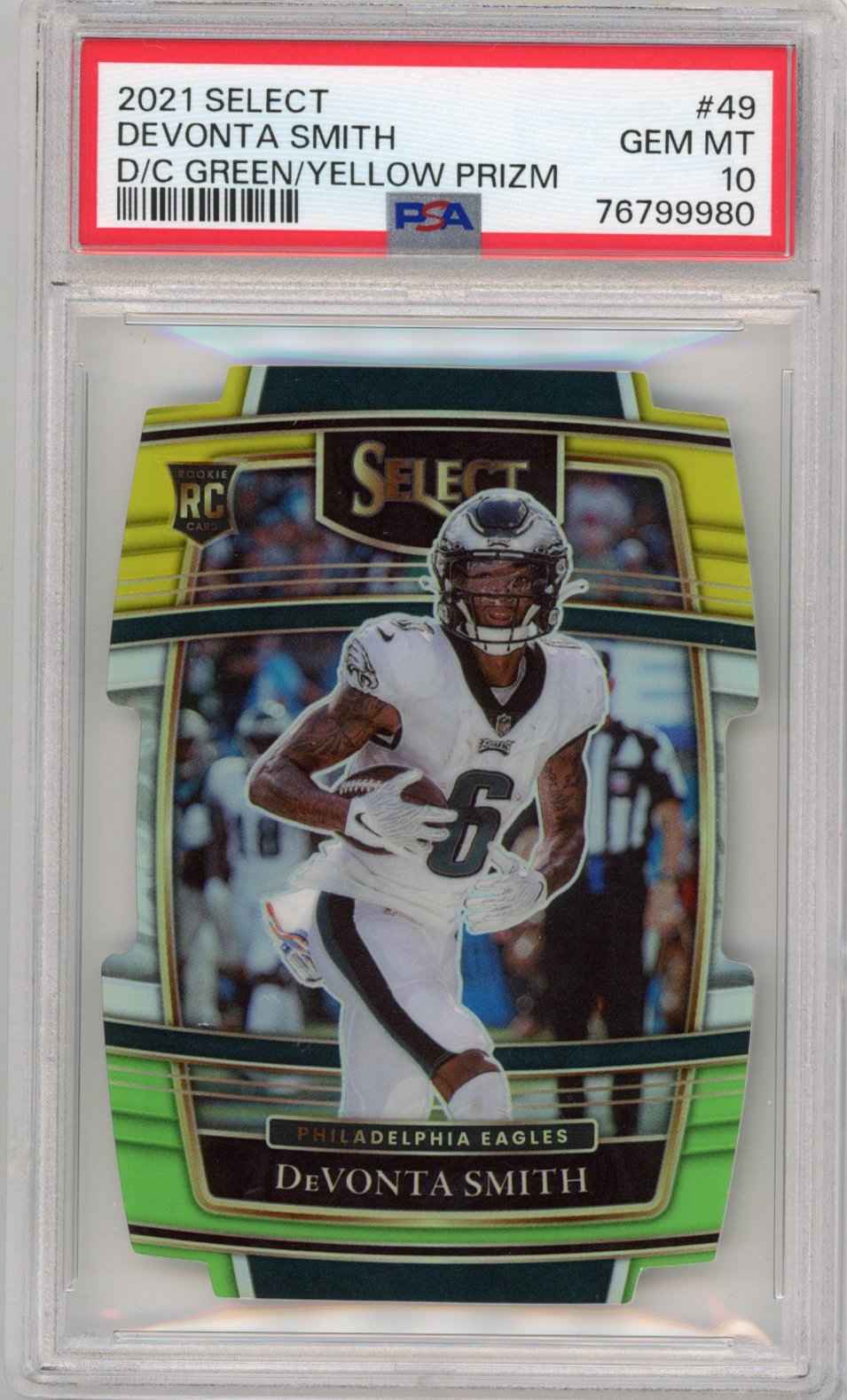 Graded 2021 Panini Select Devonta Smith #49 Die-Cut Green/Yellow Prizm Concourse Rookie RC Football Card PSA 10