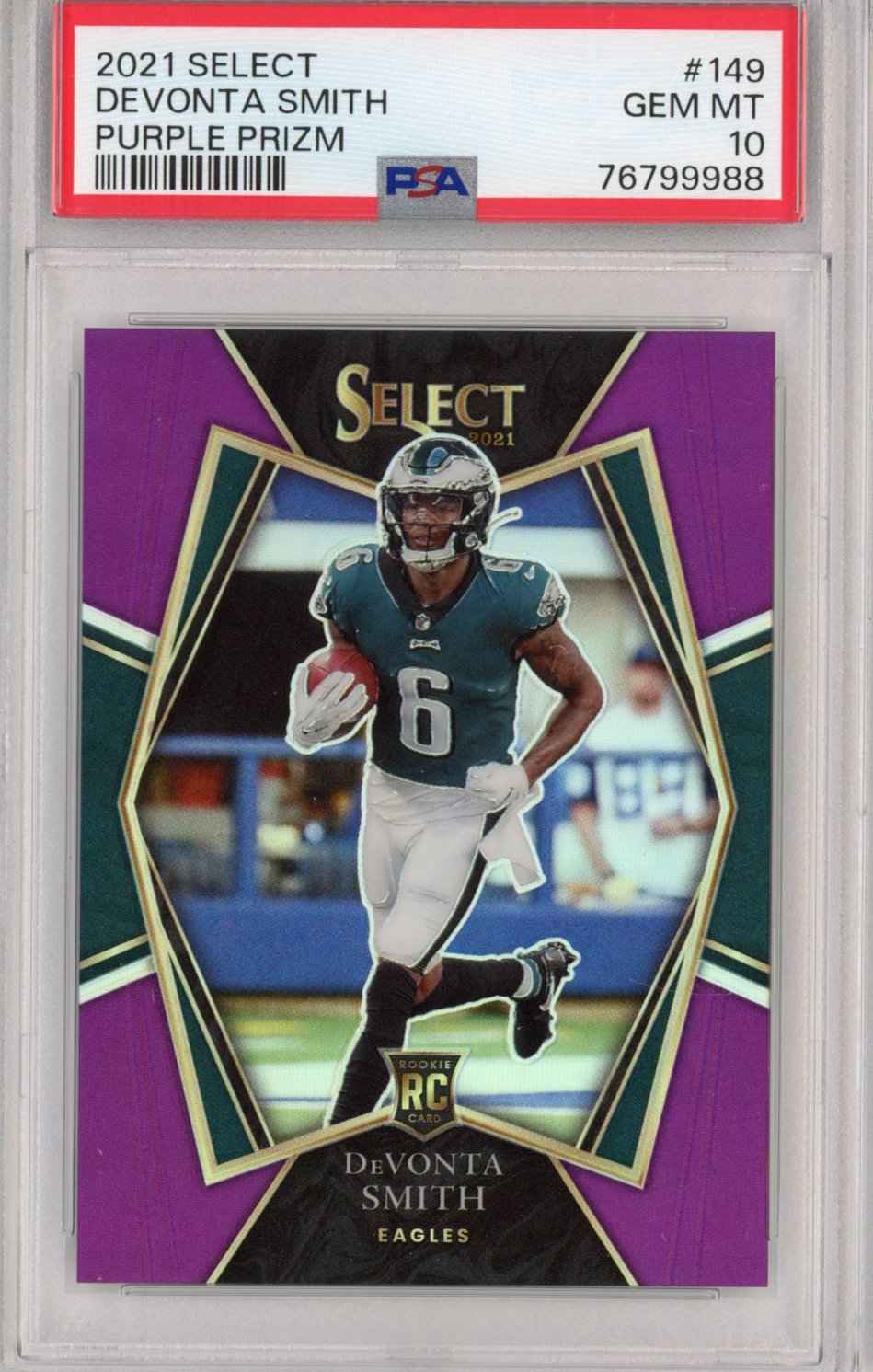Graded 2021 Panini Select Devonta Smith #149 #/75 Purple Prizm Premier Level Rookie RC Football Card PSA 10