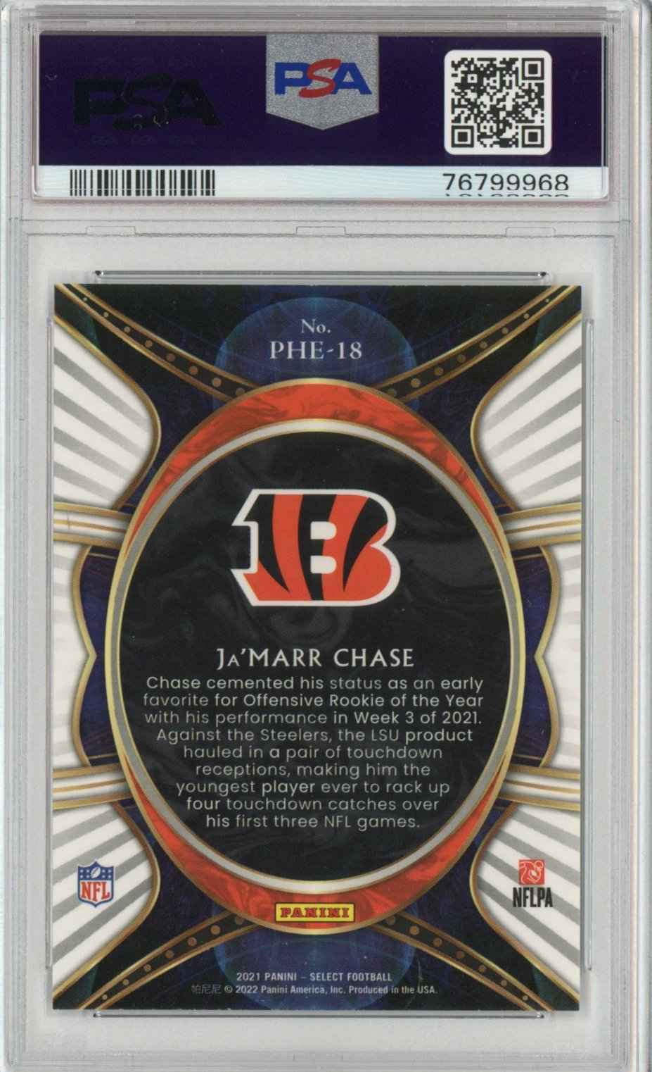 Graded 2021 Panini Select Ja'Marr Chase #PHE18 Phenomenon Rookie RC Football Card PSA 10 Gem Mint