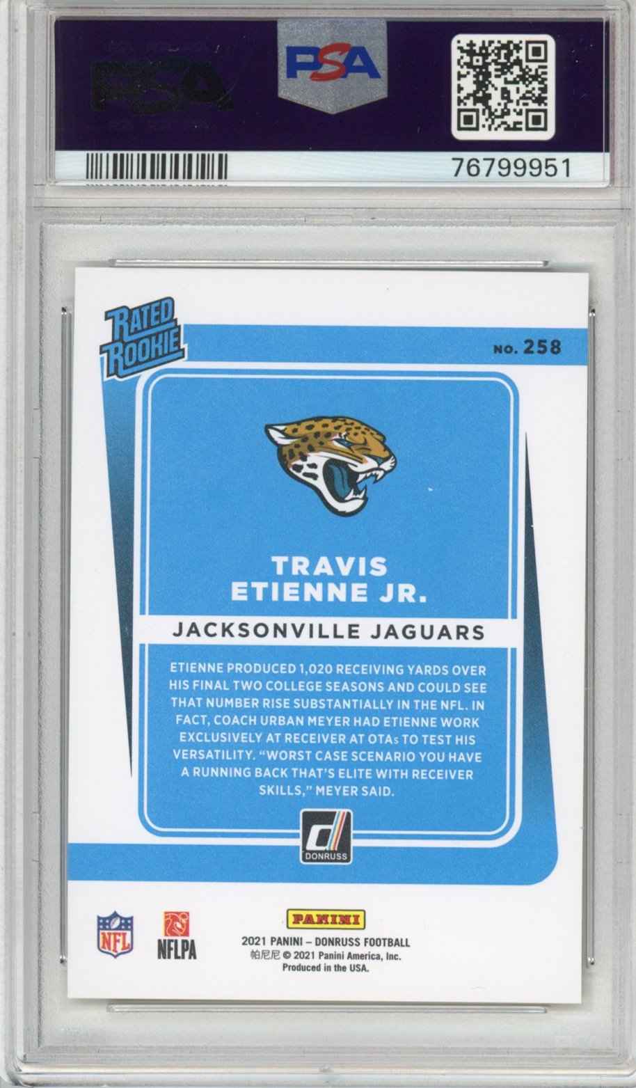 Graded 2021 Panini Donruss Travis Etienne Jr. #258 Press Proof Premium Rated Rookie RC Football Card PSA 10 Gem Mint