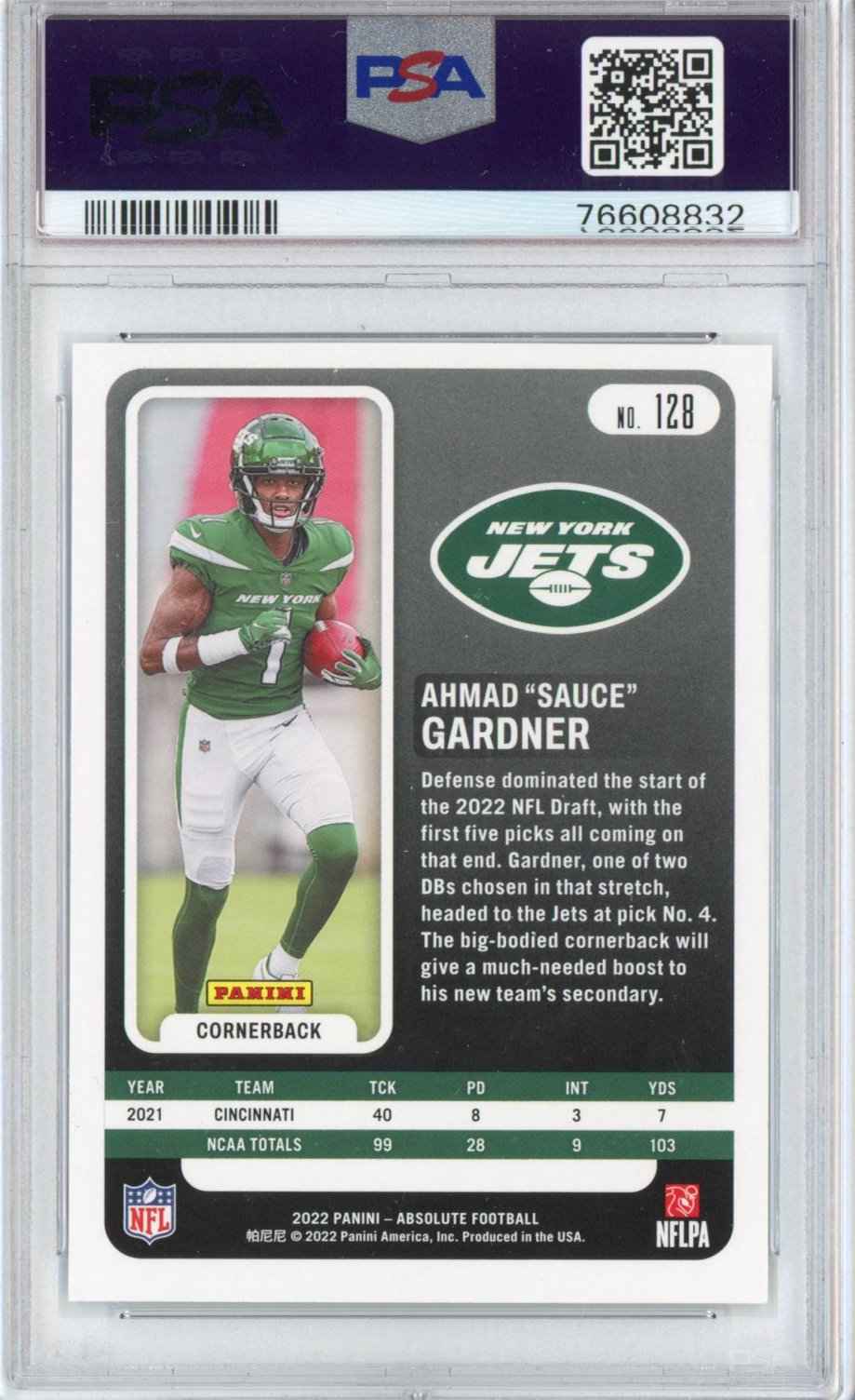 Graded 2022 Panini Absolute Ahmad Sauce Gardner #128 Green Rookie RC Football Card PSA 10 Gem Mint