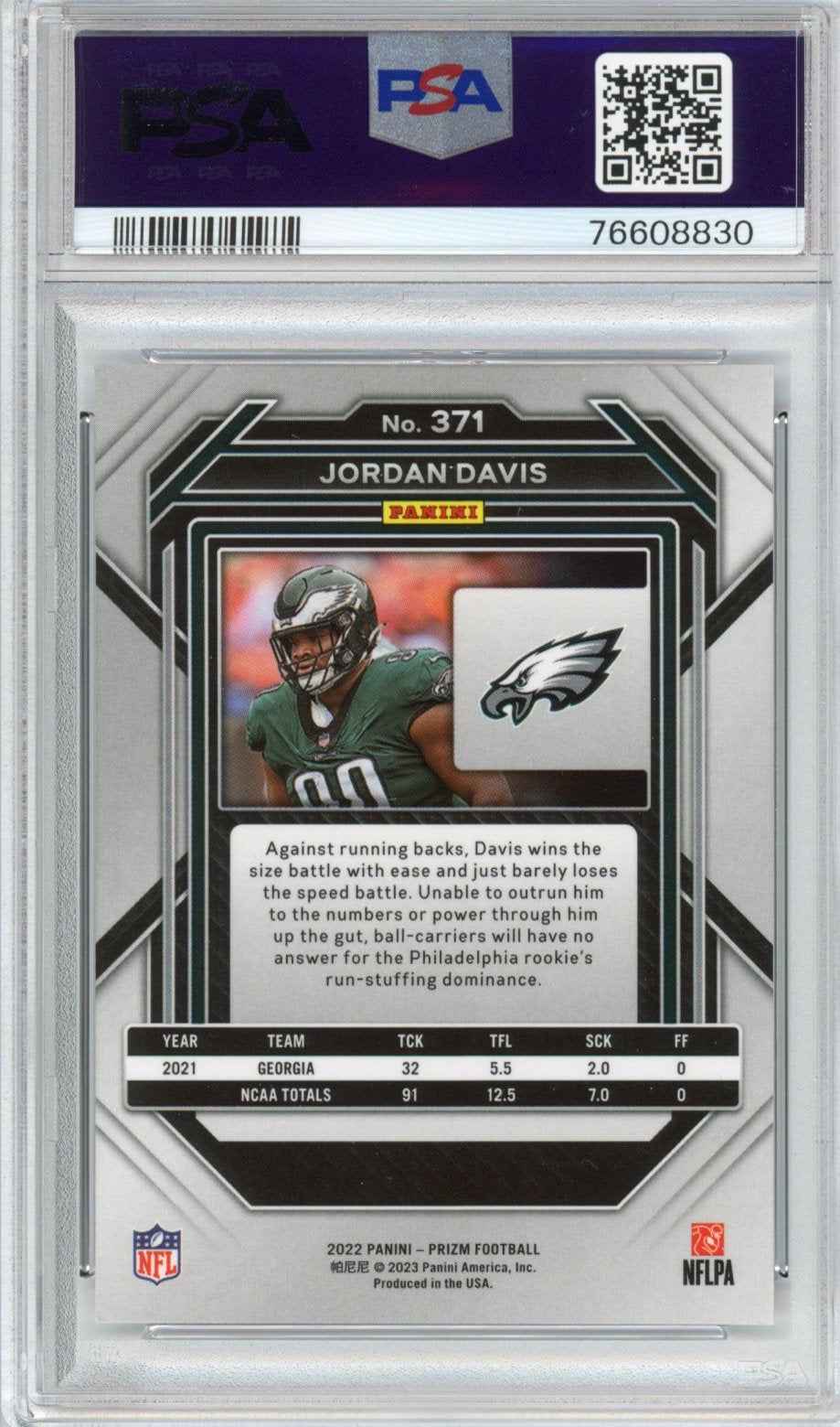Graded 2022 Panini Prizm Jordan Davis #371 Rookie RC Football Card PSA 10