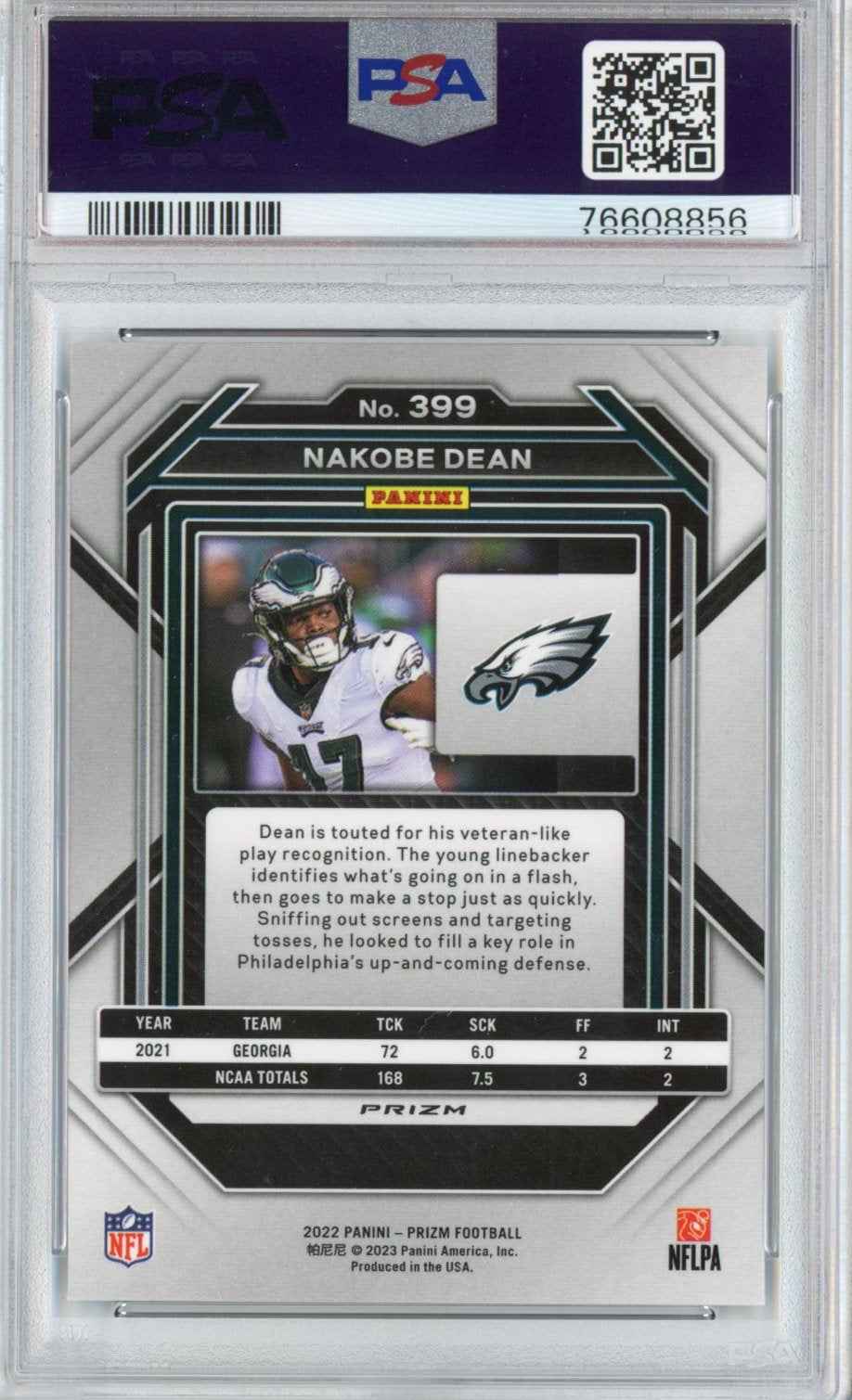 Graded 2022 Panini Prizm Nakobe Dean #399 Green Rookie RC Football Card PSA 10