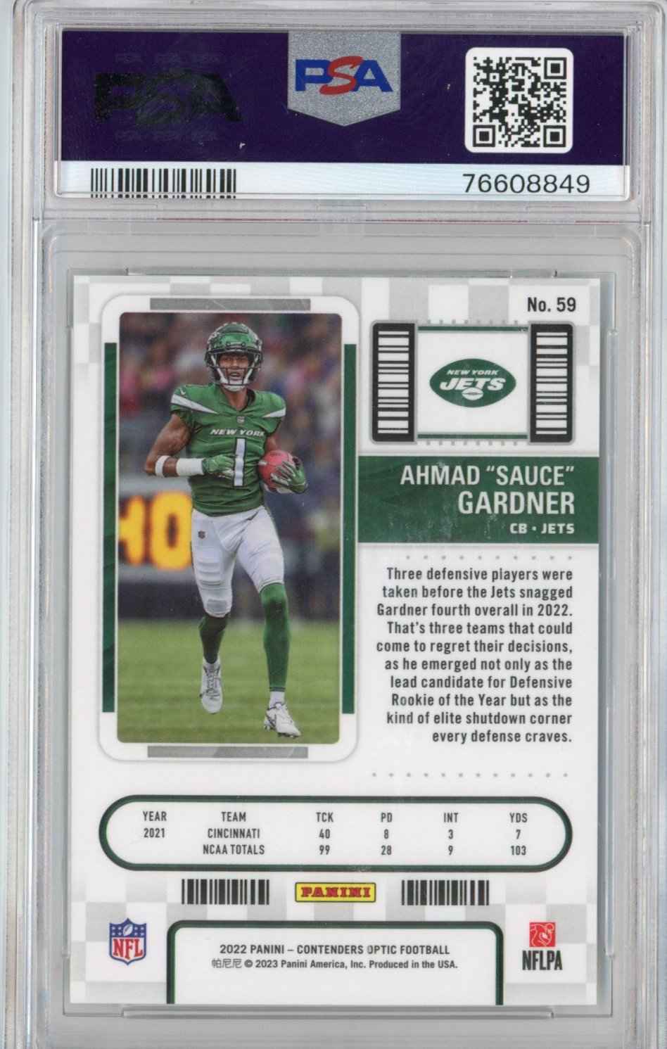 Graded 2022 Panini Contenders Optic Ahmad Sauce Gardner #59 Rookie RC Football Card PSA 10 Gem Mint