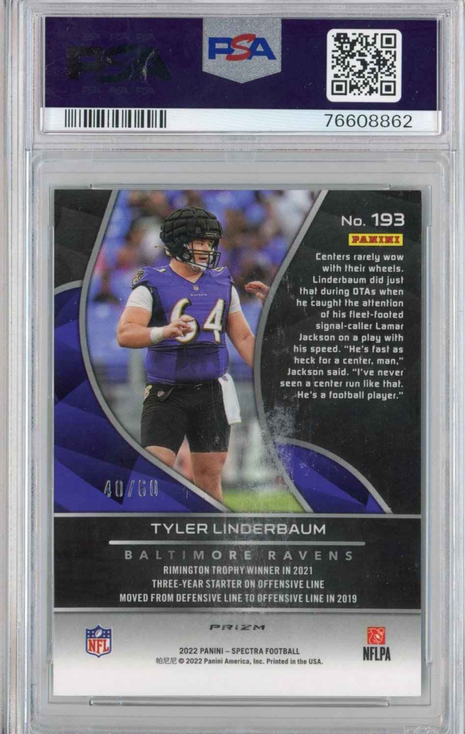 Graded 2022 Panini Spectra Tyler Linderbaum #193 Interstellar #/60 Rookie RC Football Card PSA 10 Gem Mint