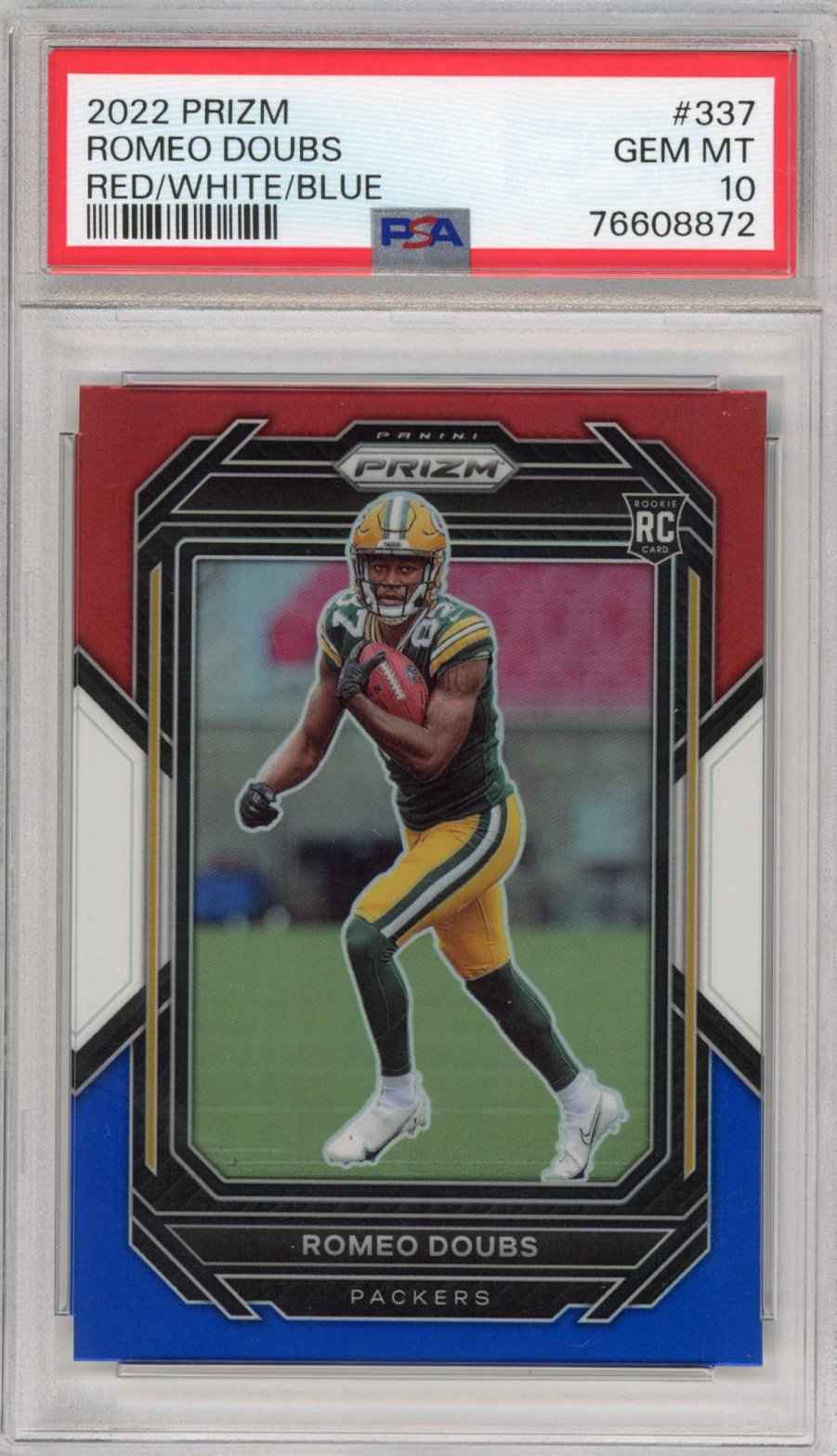 Graded 2022 Panini Prizm Romeo Doubs #337 Red White Blue Rookie RC Football Card PSA 10 Gem Mint