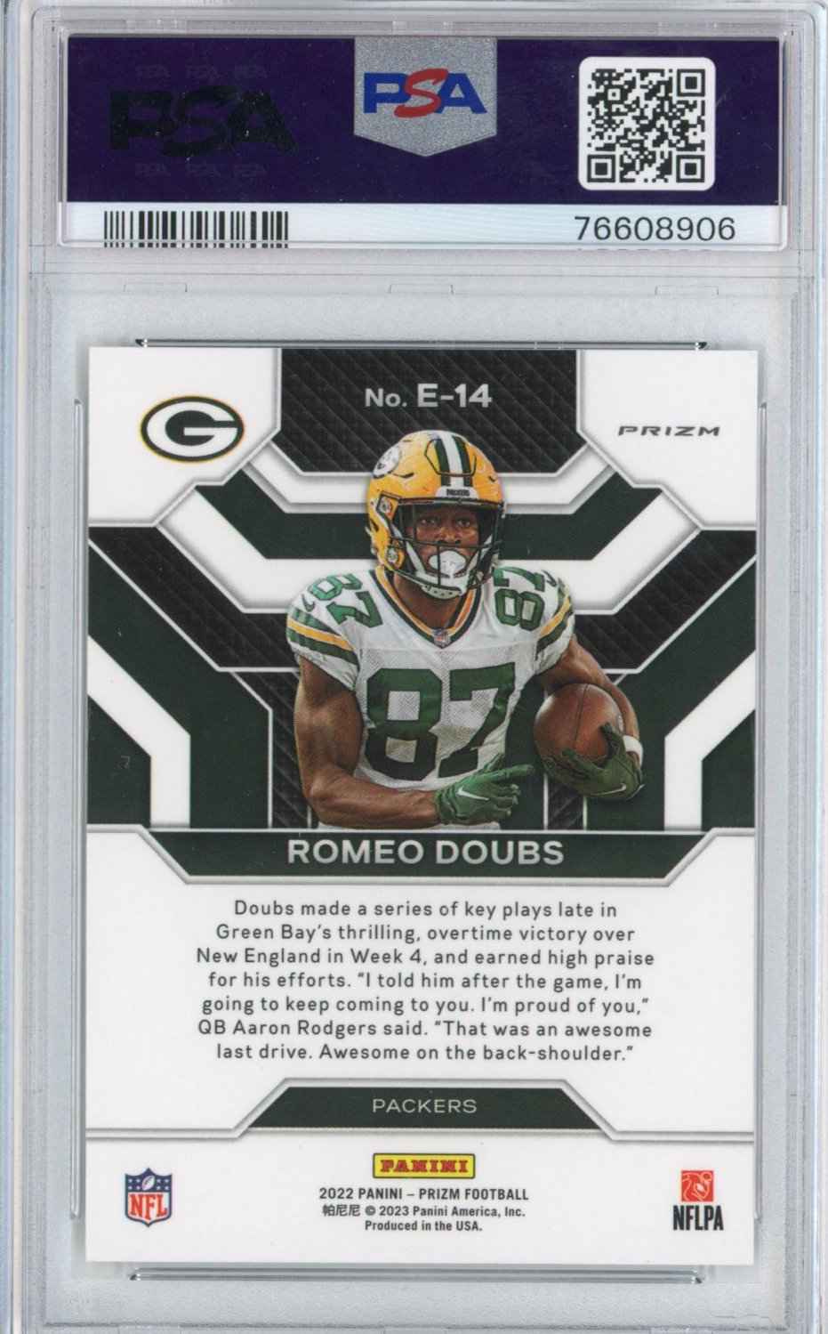 Graded 2022 Panini Prizm Romeo Doubs #E14 Emergent No Huddle Rookie RC Football Card PSA 10 Gem Mint