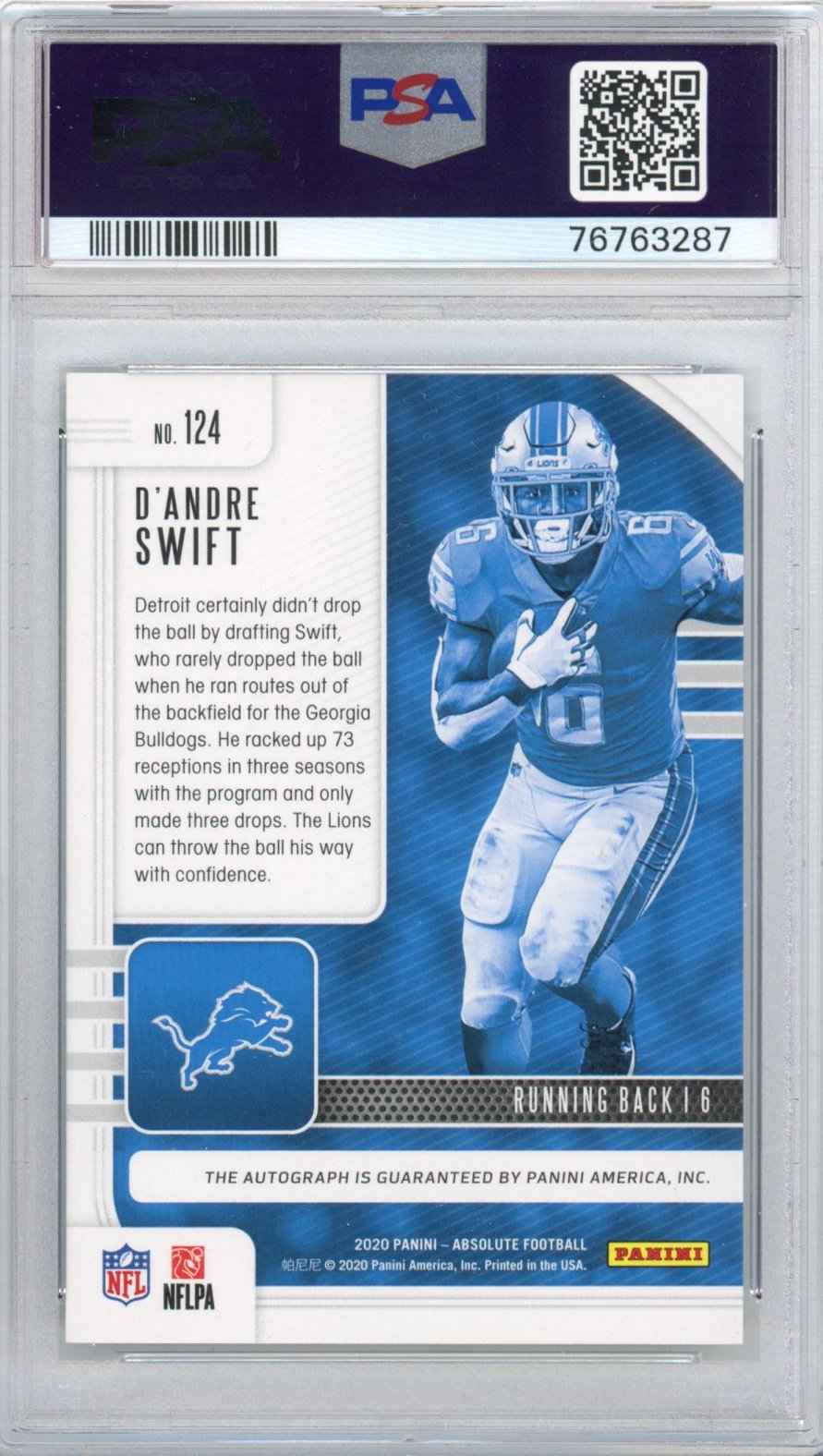 Graded 2020 Panini Absolute D'Andre Swift #124 Sig Spectrum Blue #/30 Rookie RC Football Card PSA 8 Auto 10