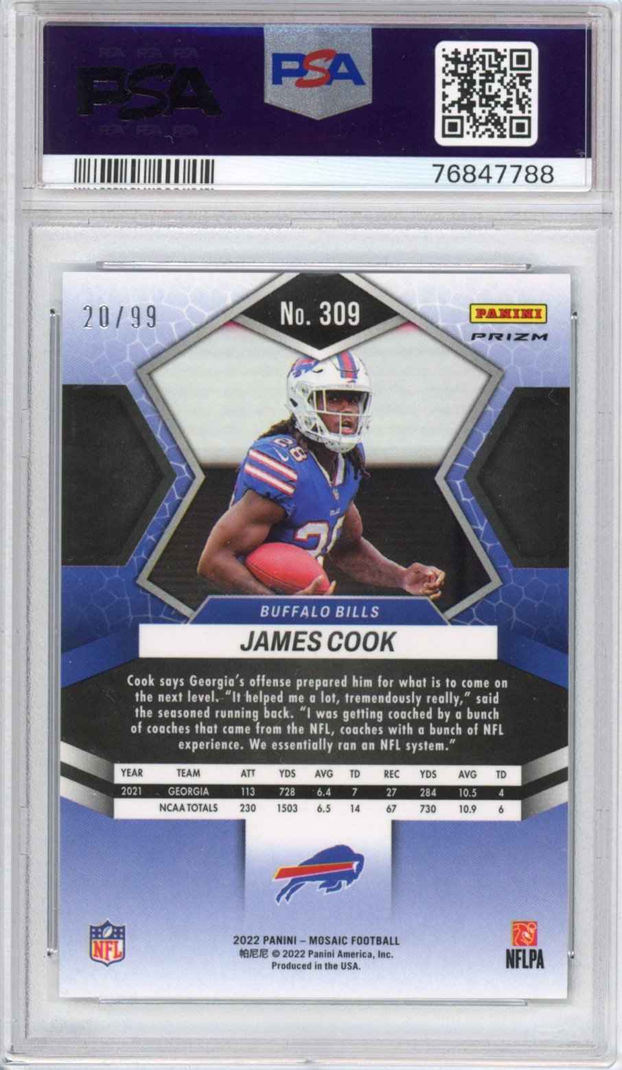 Graded 2022 Panini Mosaic James Cook #309 Blue #/99 Rookie RC Football Card PSA 10 Gem Mint