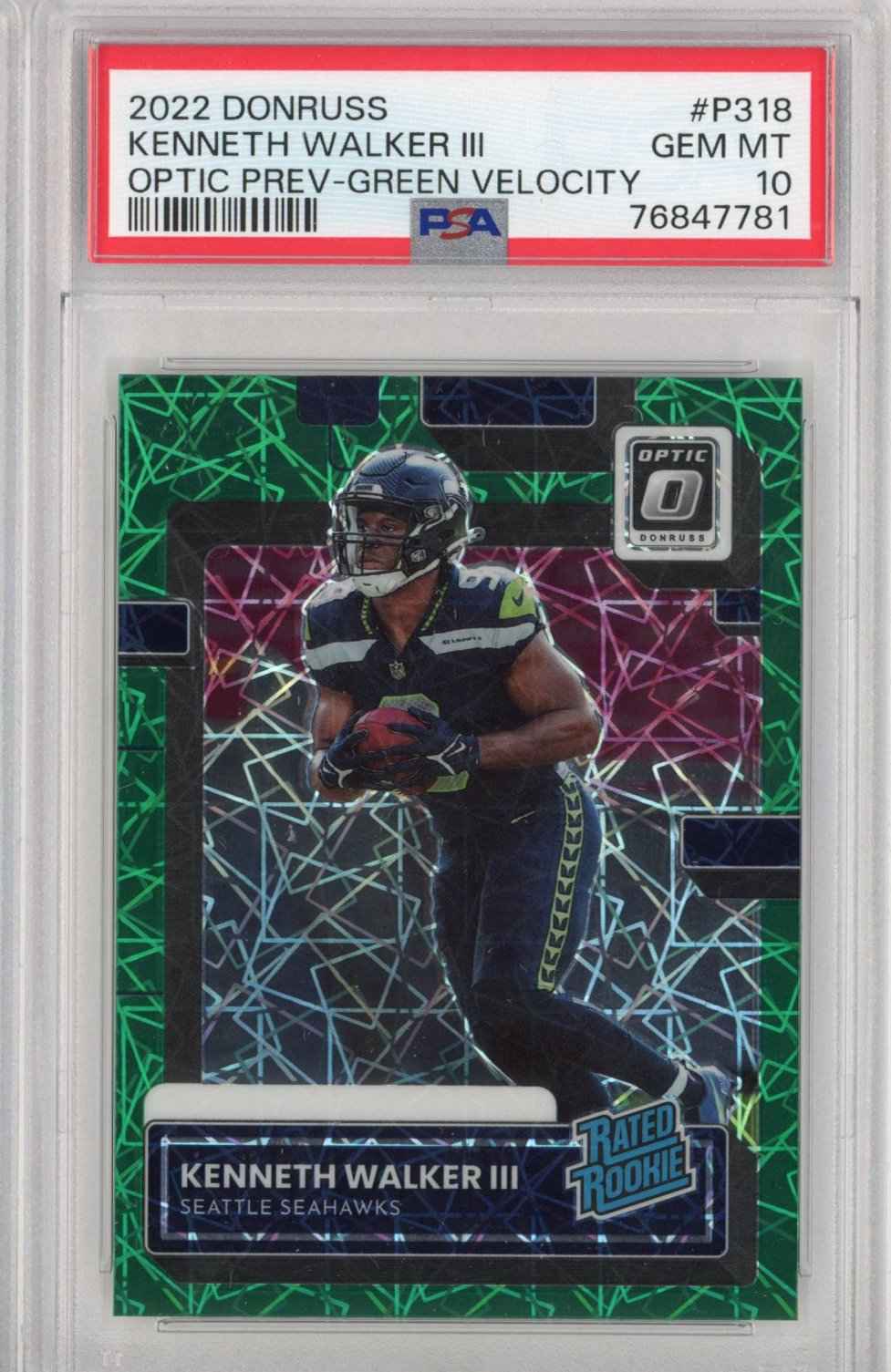 Graded 2022 Panini Donruss Optic Preview Kenneth Walker III #P318 Green Velocity Rookie RC Football Card PSA 10 Gem Mint