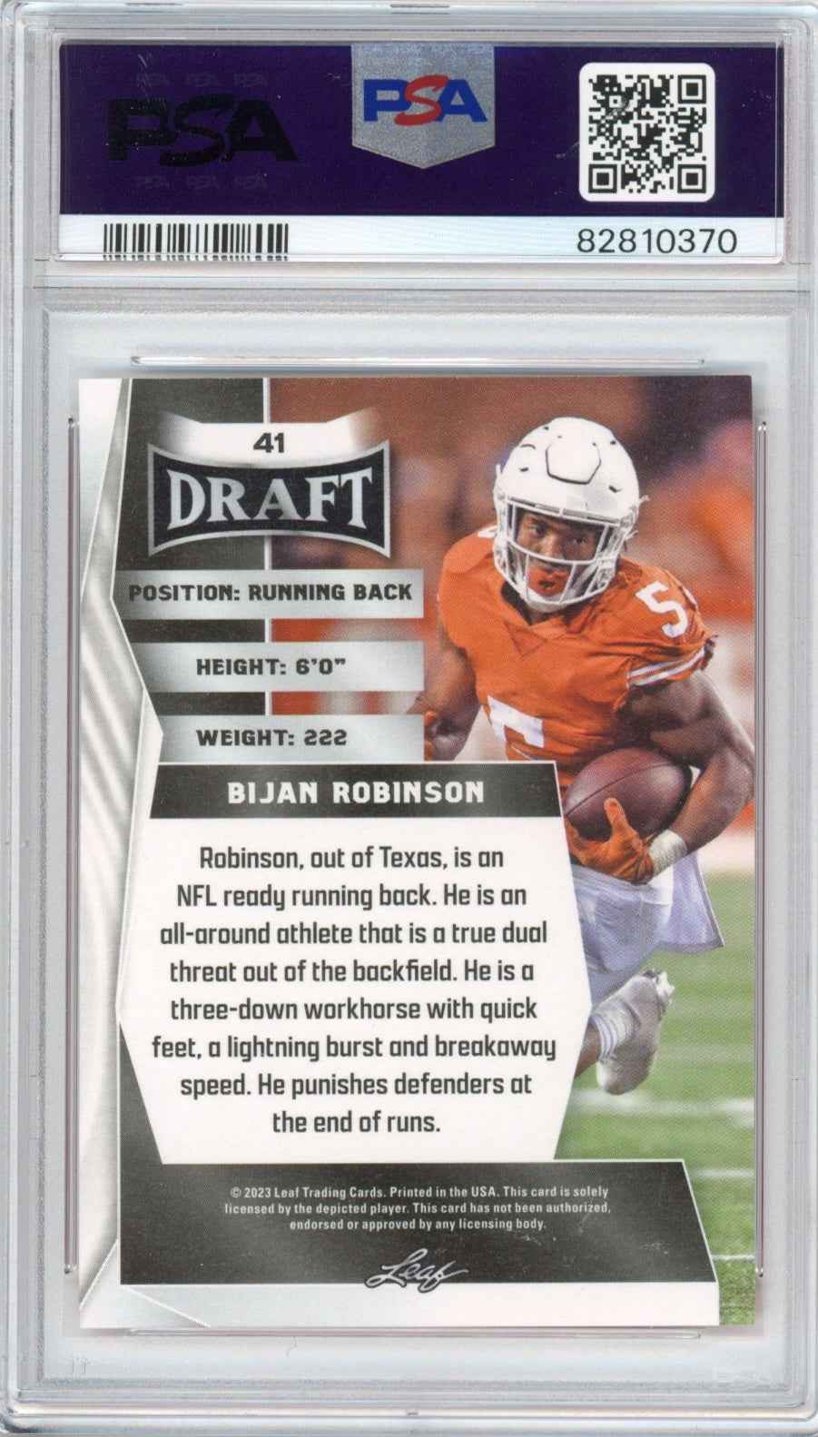 Graded 2023 Leaf Draft Bijan Robinson #41 Red Rookie RC Football Card PSA 10 Gem Mint