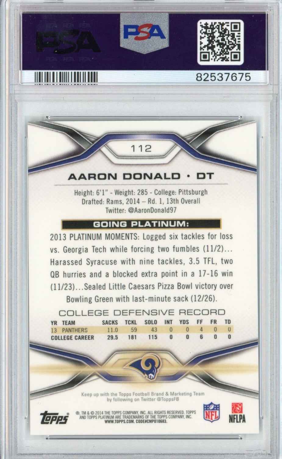 Graded 2014 Topps Platinum Aaron Donald #112 Rookie RC Football Card PSA 8 Mint