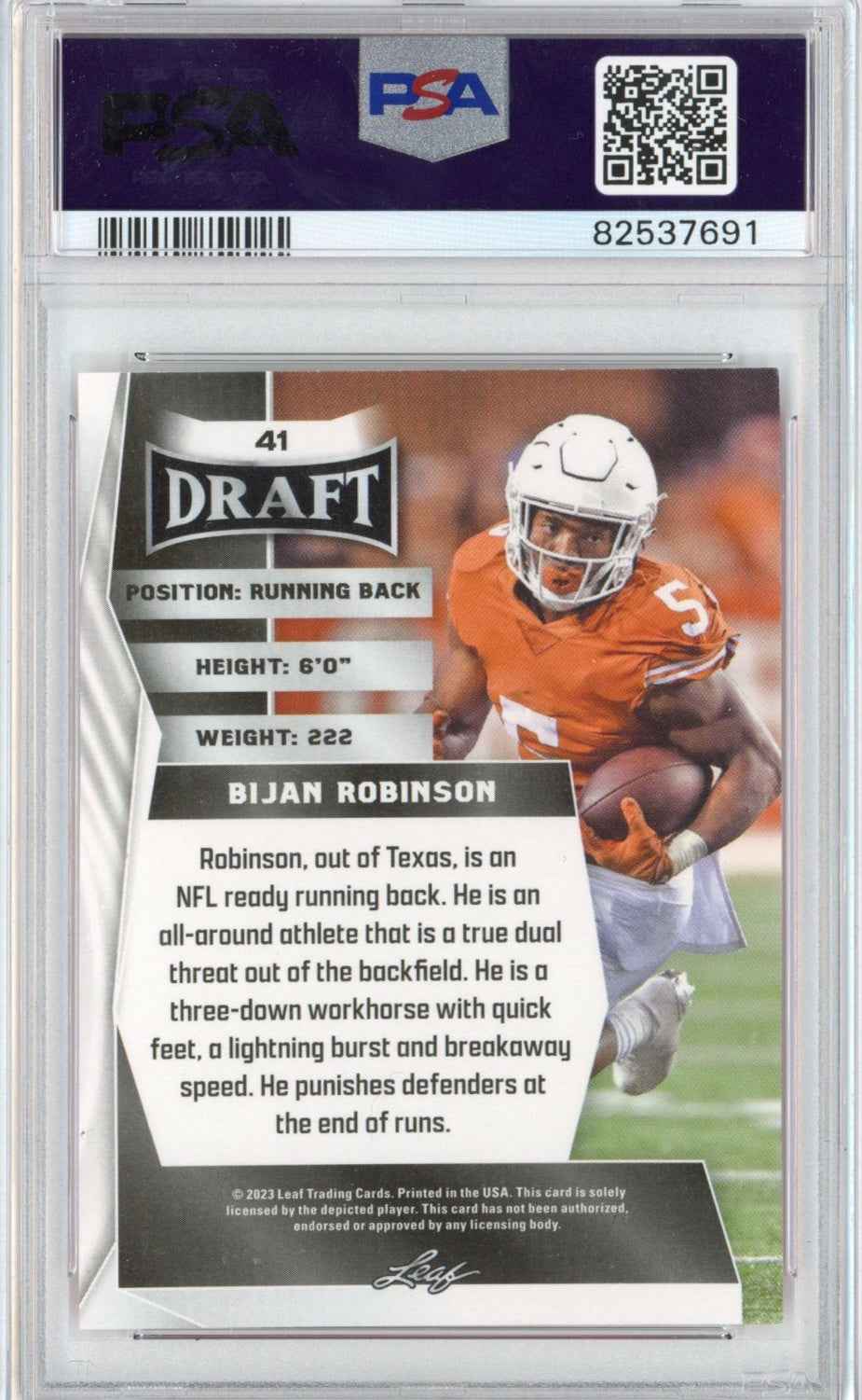 Graded 2023 Leaf Draft Bijan Robinson #41 Red Rookie RC Football Card PSA 9 Mint