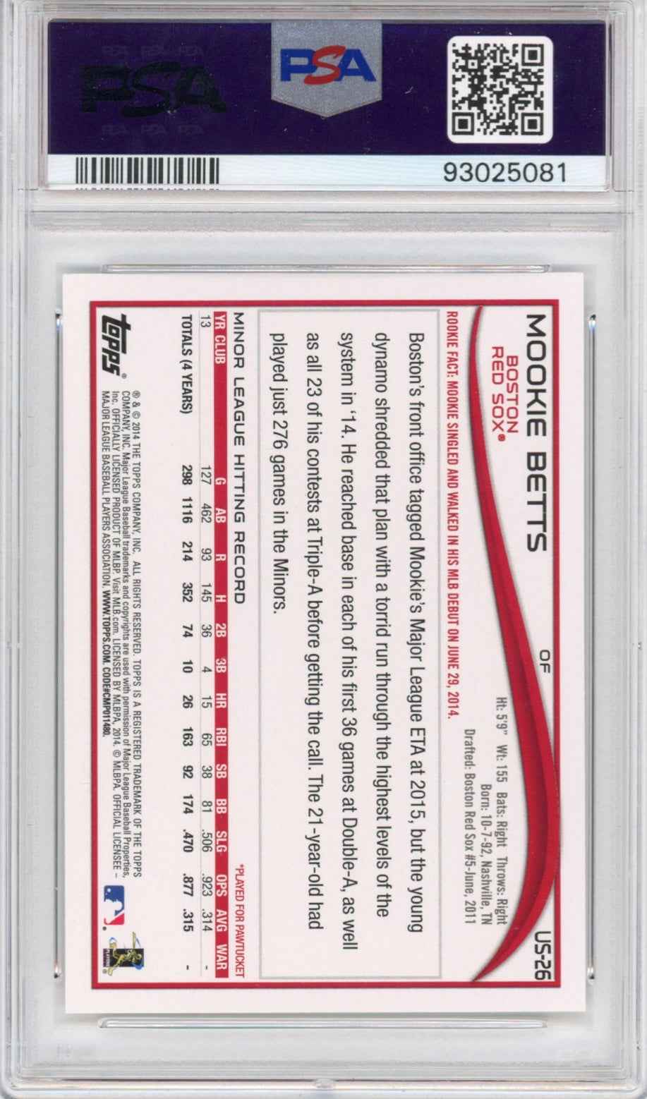 Graded 2014 Topps Update Mookie Betts #US26 Batting Rookie RC Baseball Card PSA 10 Gem Mint