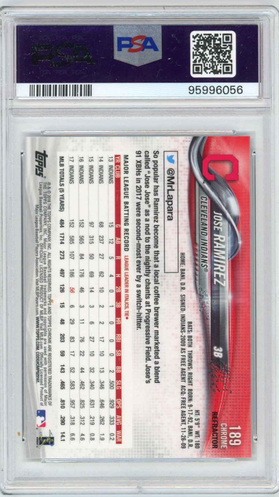 Graded 2018 Topps Chrome Jose Ramirez #189 X-Fractor Baseball Card PSA 10 Gem Mint