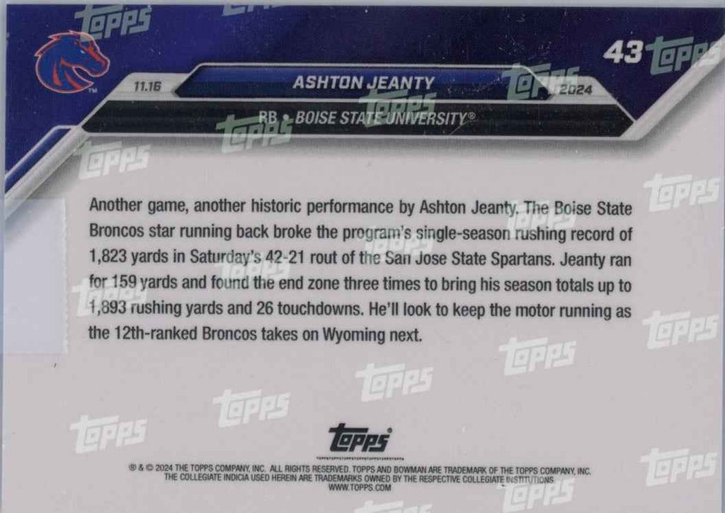 2024 Topps Bowman U Now Ashton Jeanty #43 Blue #/49 Boise State Broncos Rookie RC Football Card