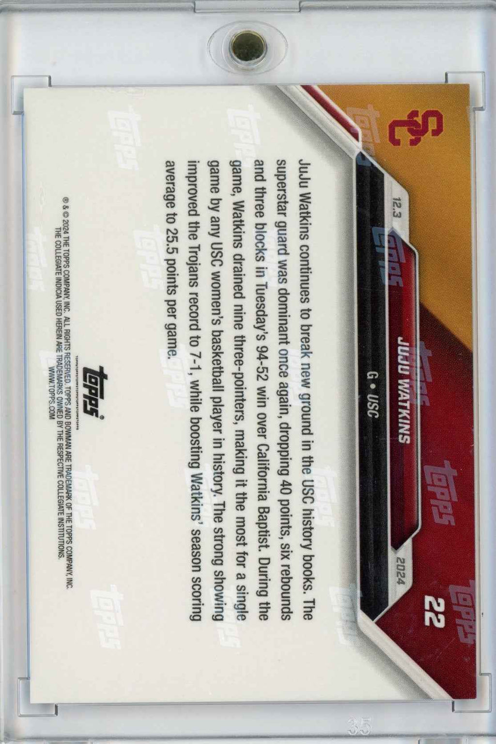 2024 Topps Bowman U Now JuJu Watkins #22 Orange #/5 USC Trojans Rookie RC Basketball Card