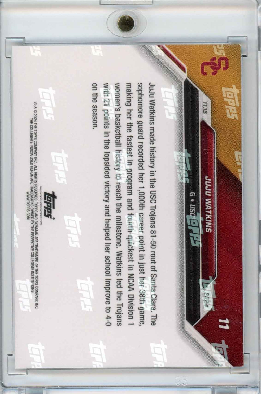 2024 Topps Bowman U Now JuJu Watkins #11 Purple #/25 USC Trojans Rookie RC Basketball Card