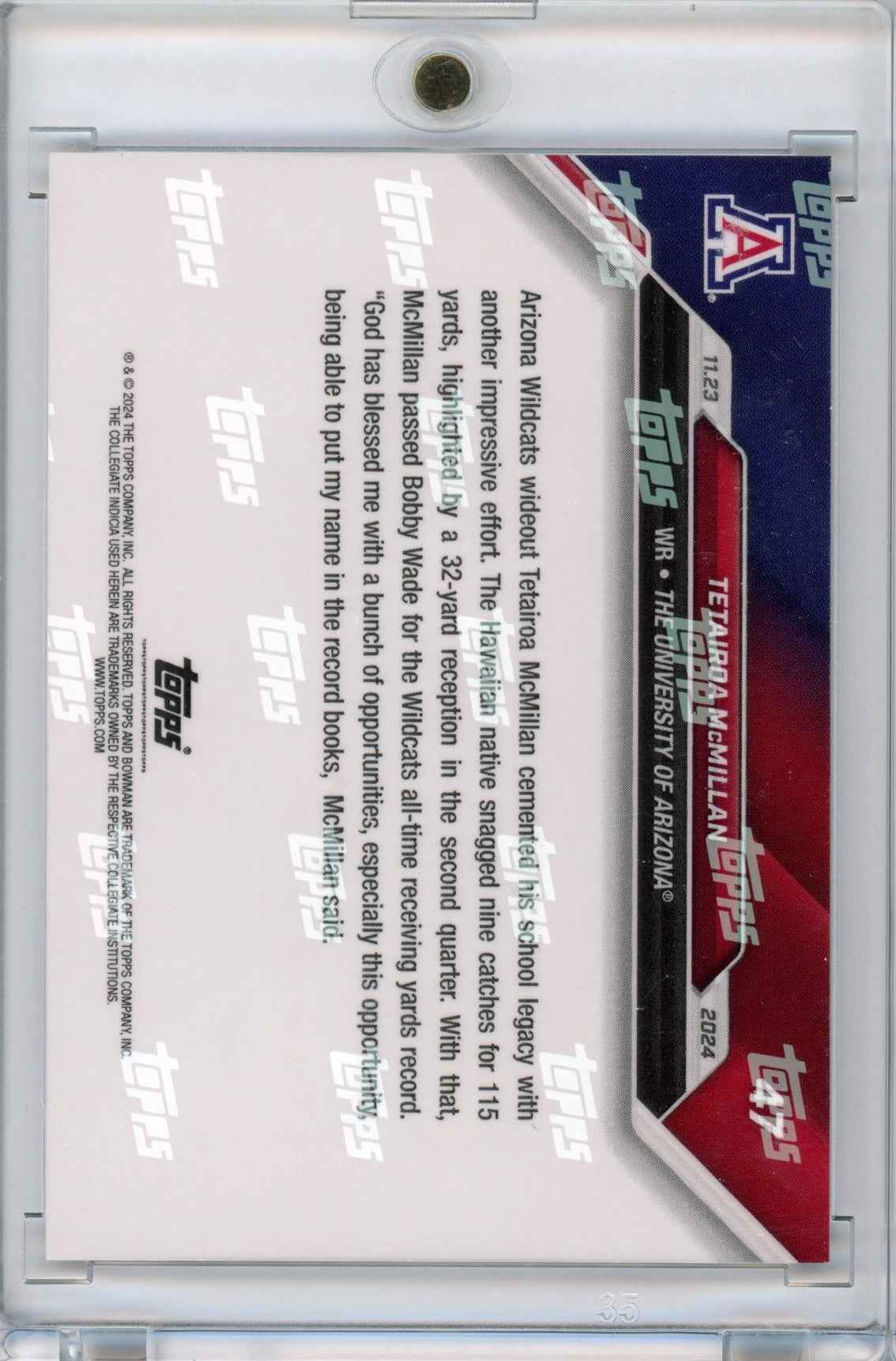 2024 Topps Bowman U Now Tetairoa McMillan #47 Blue #/49 Arizona Wildcats Football Card