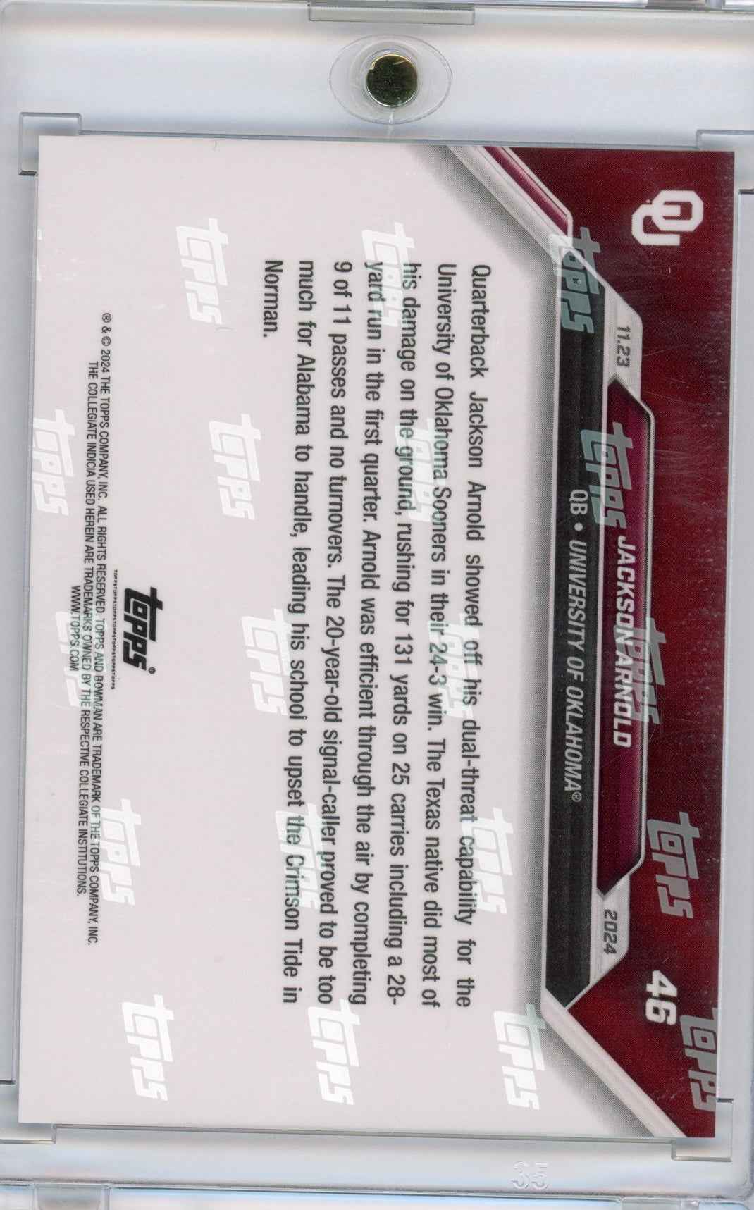 2024 Topps Bowman U Now Jackson Arnold #46 Blue /49 Oklahoma Sooners Rookie RC Football Card