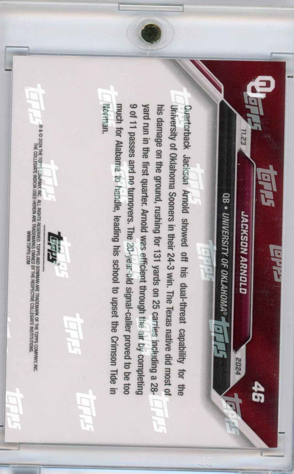 2024 Topps Bowman U Now Jackson Arnold #46 Red #/10 Oklahoma Sooners Rookie RC Football Card