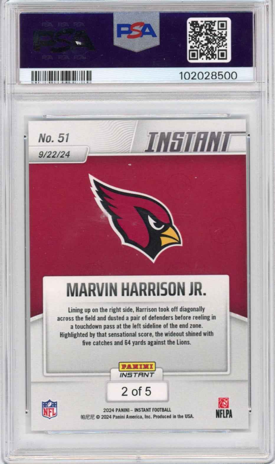 Graded 2024 Panini Instant NFL Marvin Harrison Jr #51 White Tiger /5 Rookie RC Football Card PSA 9 Mint