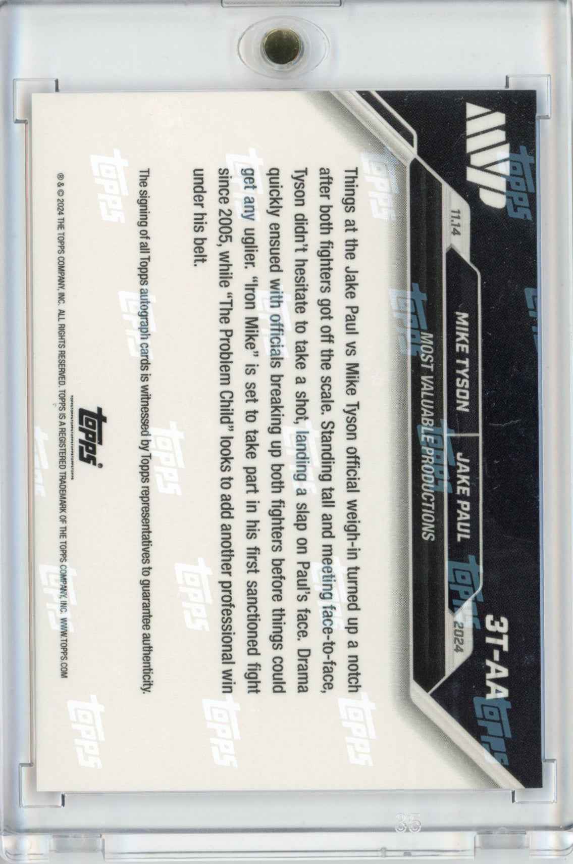 2024 Topps Now Mike Tyson/Jake Paul #3 Auto #/25 Slap At Weigh In Boxing Card