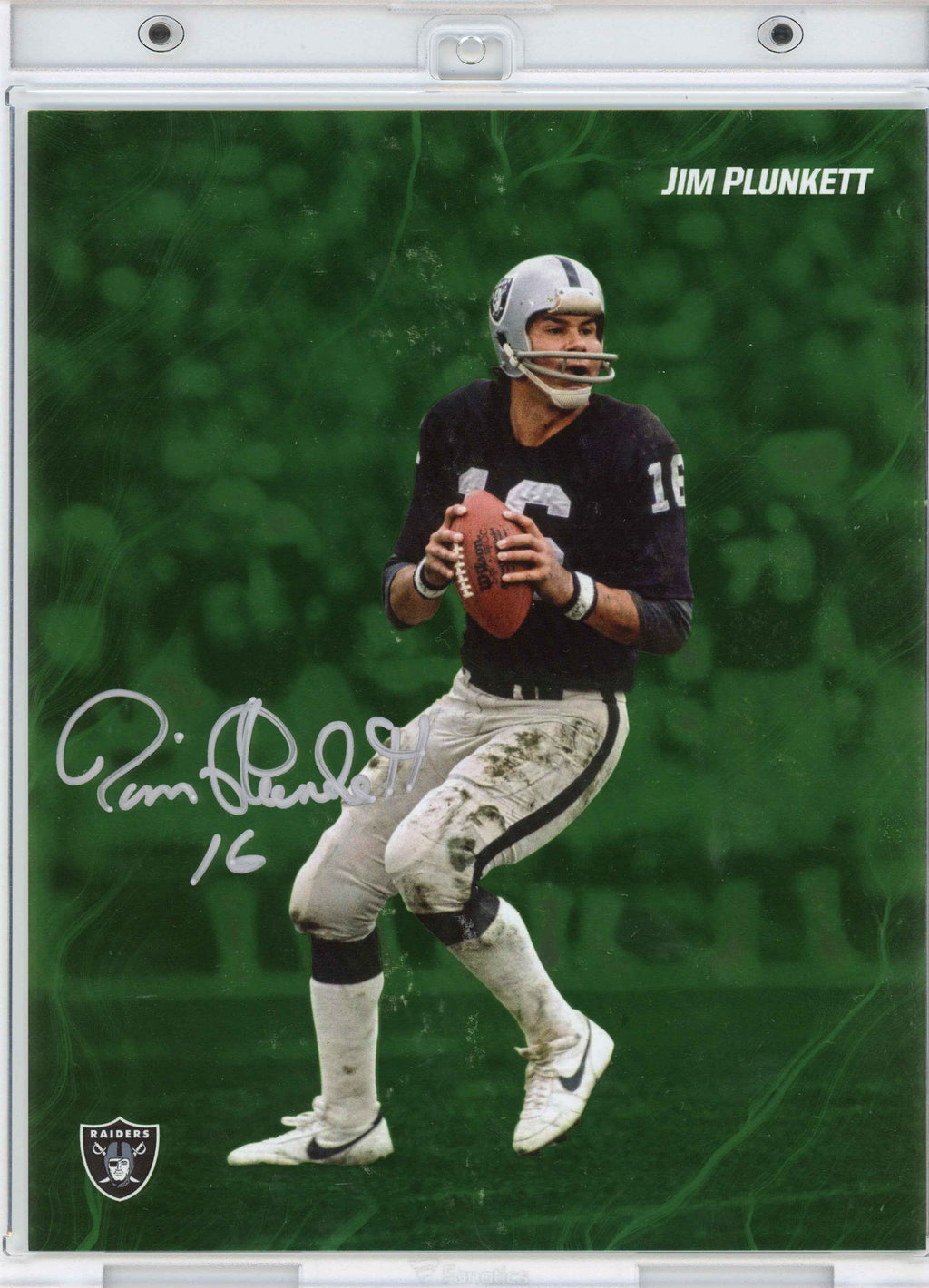 Autographed/Signed 2024 Under Wraps Emanate Jim Plunkett Oakland Raiders Green /99 8x10 Football Card Photo Fanatics COA