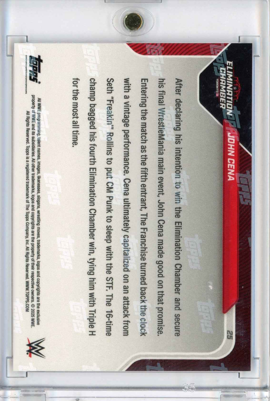 2025 Topps Now WWE John Cena #25 Orange #/25 4th & Final Elimination Chamber Win Wrestling Card