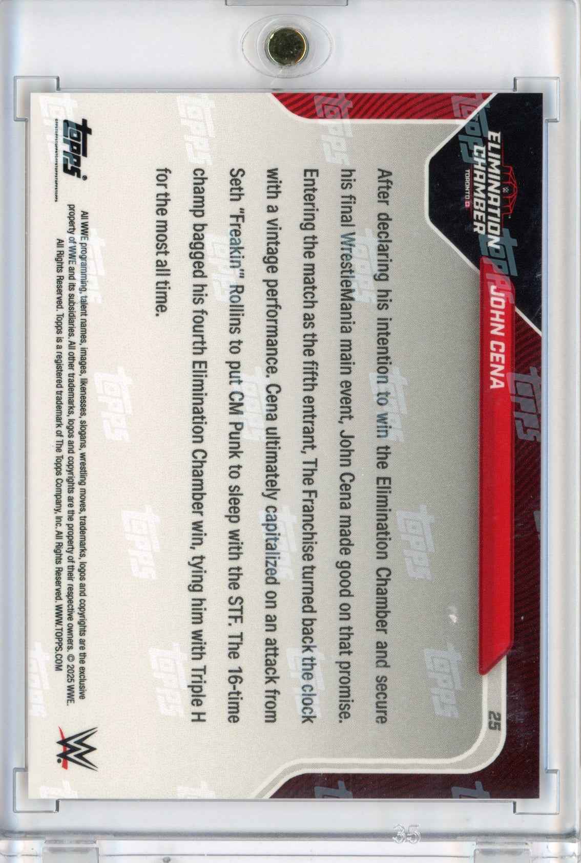 2025 Topps Now WWE John Cena #25 Orange #/25 4th & Final Elimination Chamber Win Wrestling Card