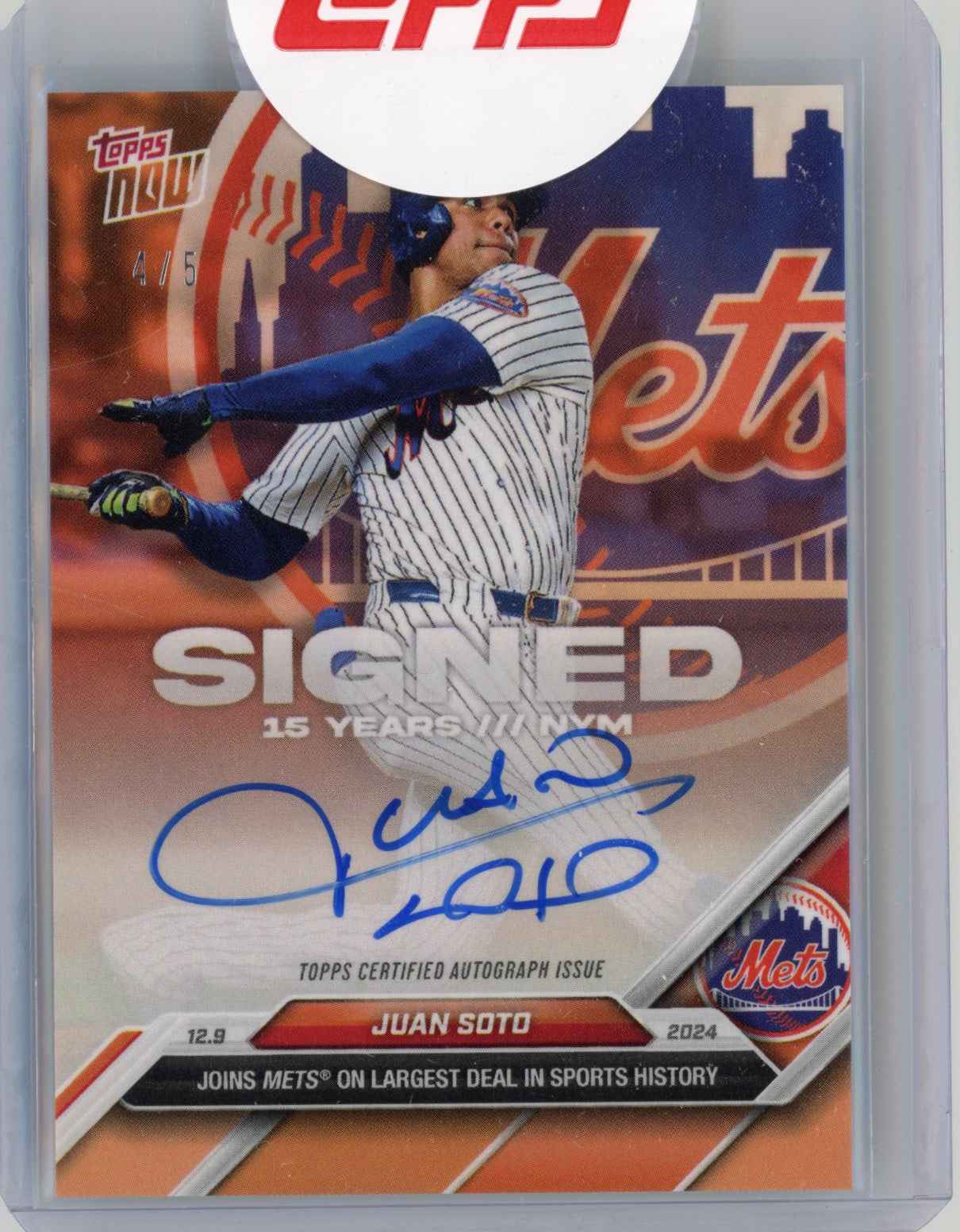 2025 Topps Now Juan Soto #OS8B Orange Auto /5 Signs Record Deal New York Mets Baseball Card
