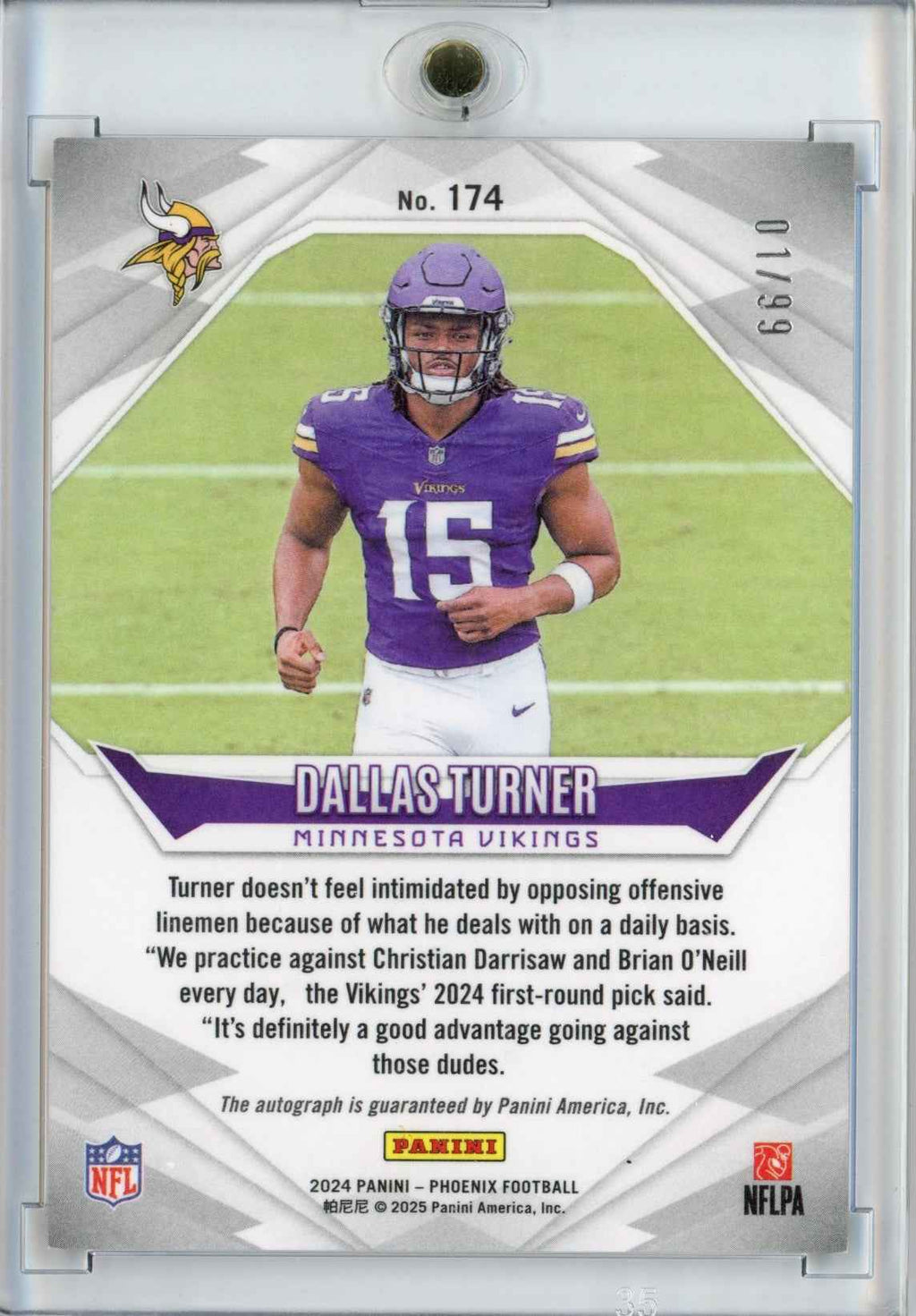 2024 Panini Phoenix Dallas Turner #174 Red Autograph /99 Rookie RC Football Card