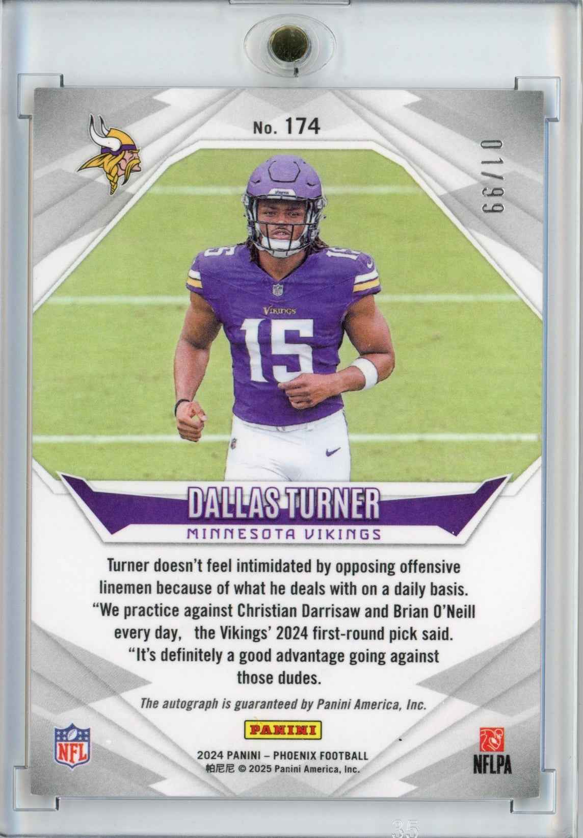 2024 Panini Phoenix Dallas Turner #174 Red Autograph /99 Rookie RC Football Card