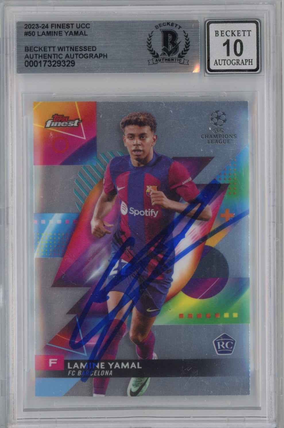 Graded 2023-24 Topps Finest UCC Lamine Yamal #50 Signed Rookie RC Soccer Card Beckett BAS BGS Auto 10
