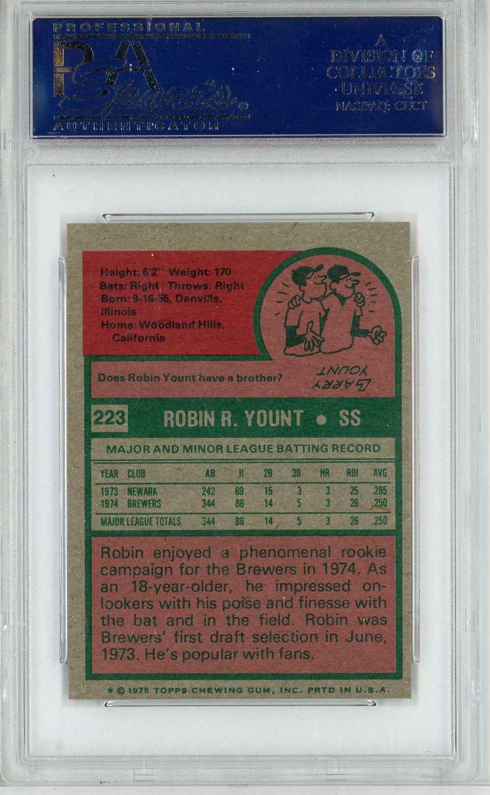 Graded 1975 Topps Mini Robin Yount #223 Rookie RC Baseball Card PSA 8 NM-MT
