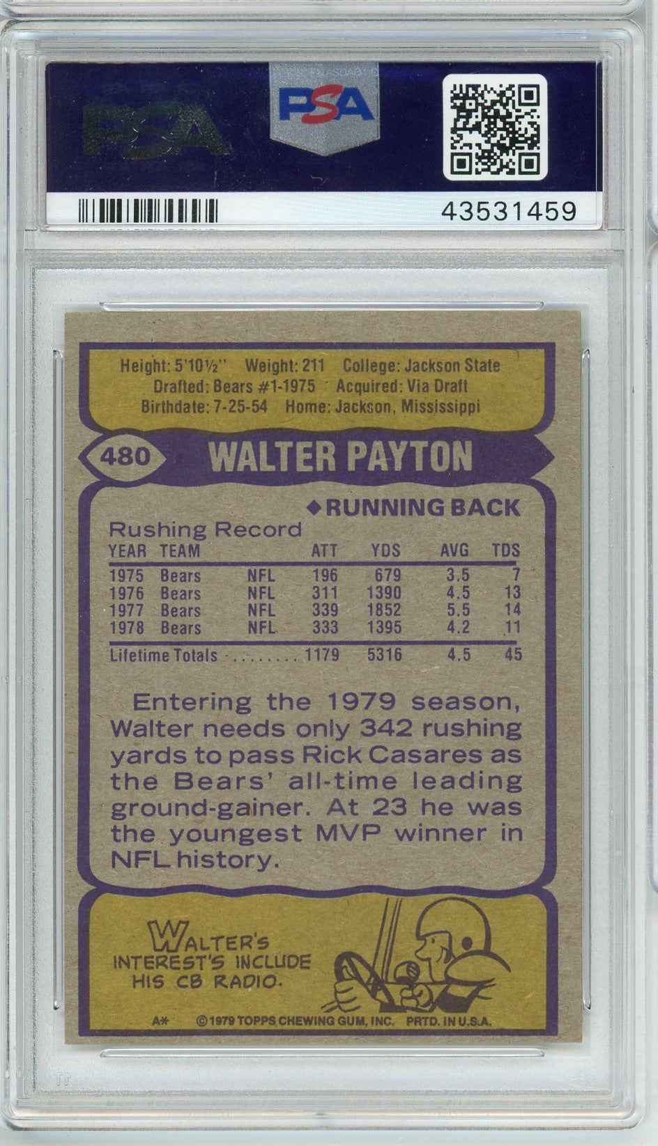 Graded 1979 Topps Walter Payton #480 Football Card PSA 5 Excellent