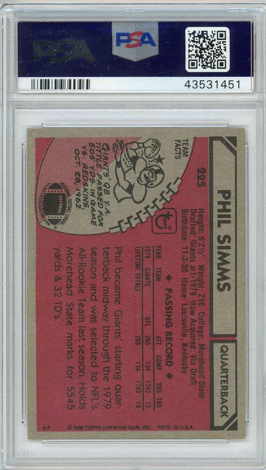 Graded 1980 Topps Phil Simms #225 Rookie RC Football Card PSA 4 VG-EX