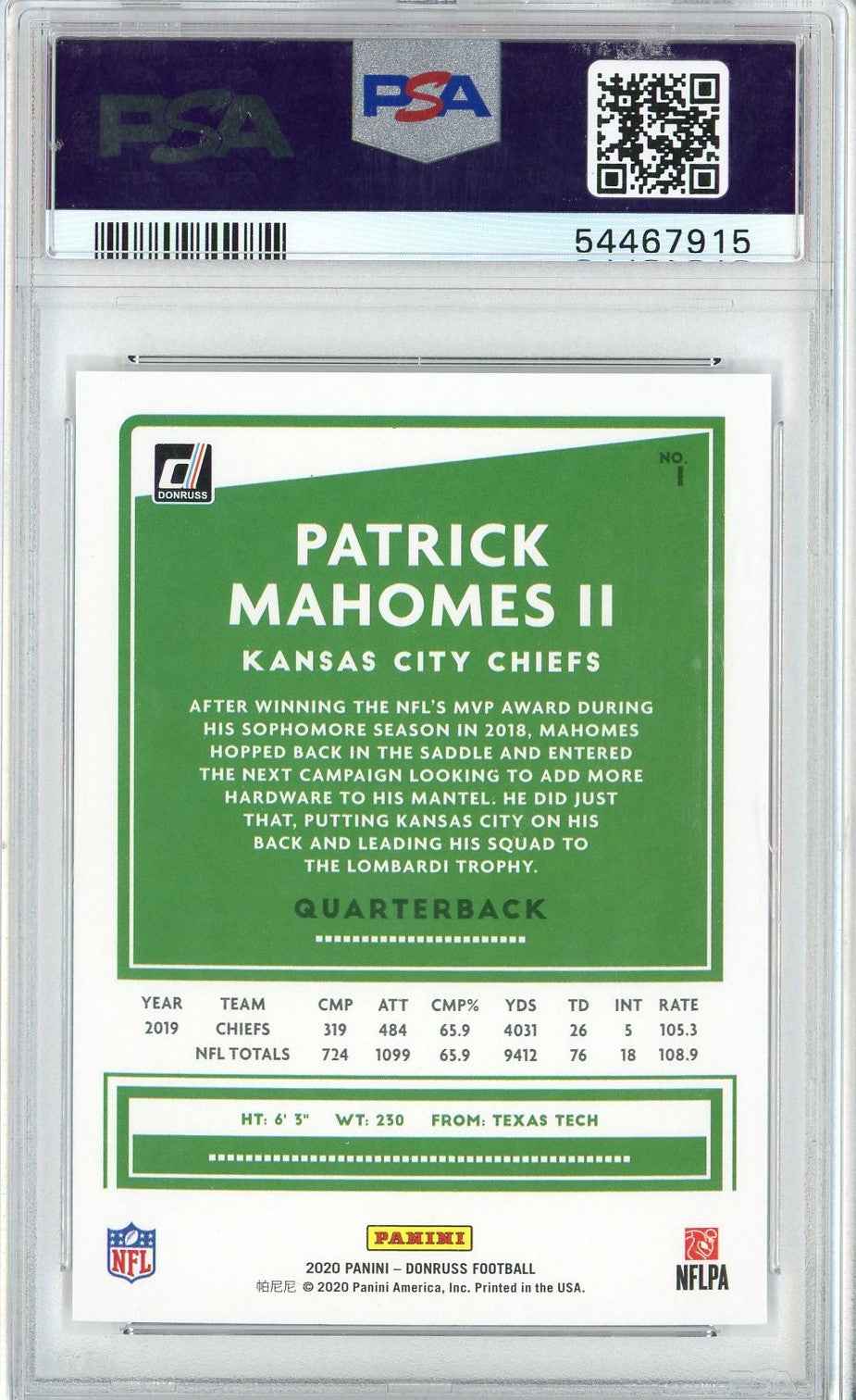 Graded 2020 Panini Mosaic Patrick Mahomes II #1 Football Card PSA 10 Gem Mint