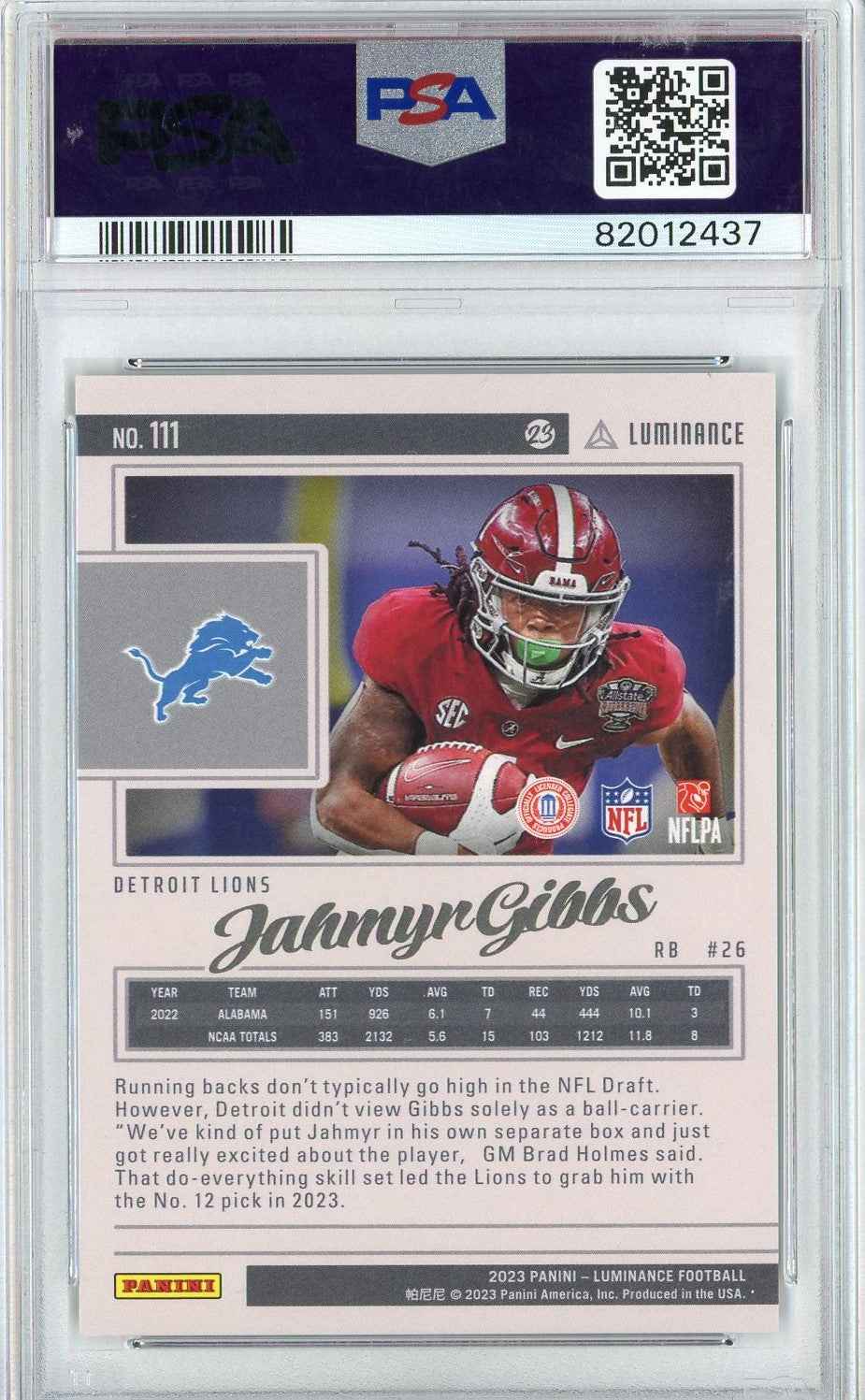 Graded 2023 Luminance Jahmyr Gibbs #111 Black Rookie RC Football Card PSA 10 Gem Mint