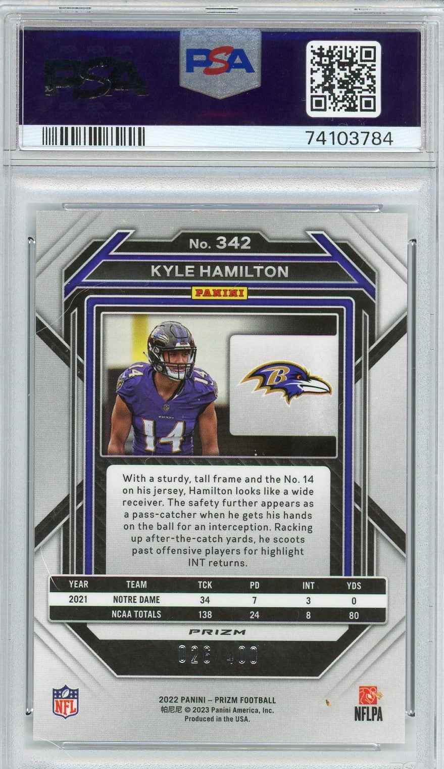 Graded 2022 Przim Kyle Hamilton #342 Pandora Rookie RC Football Card PSA 10 Gem Mint