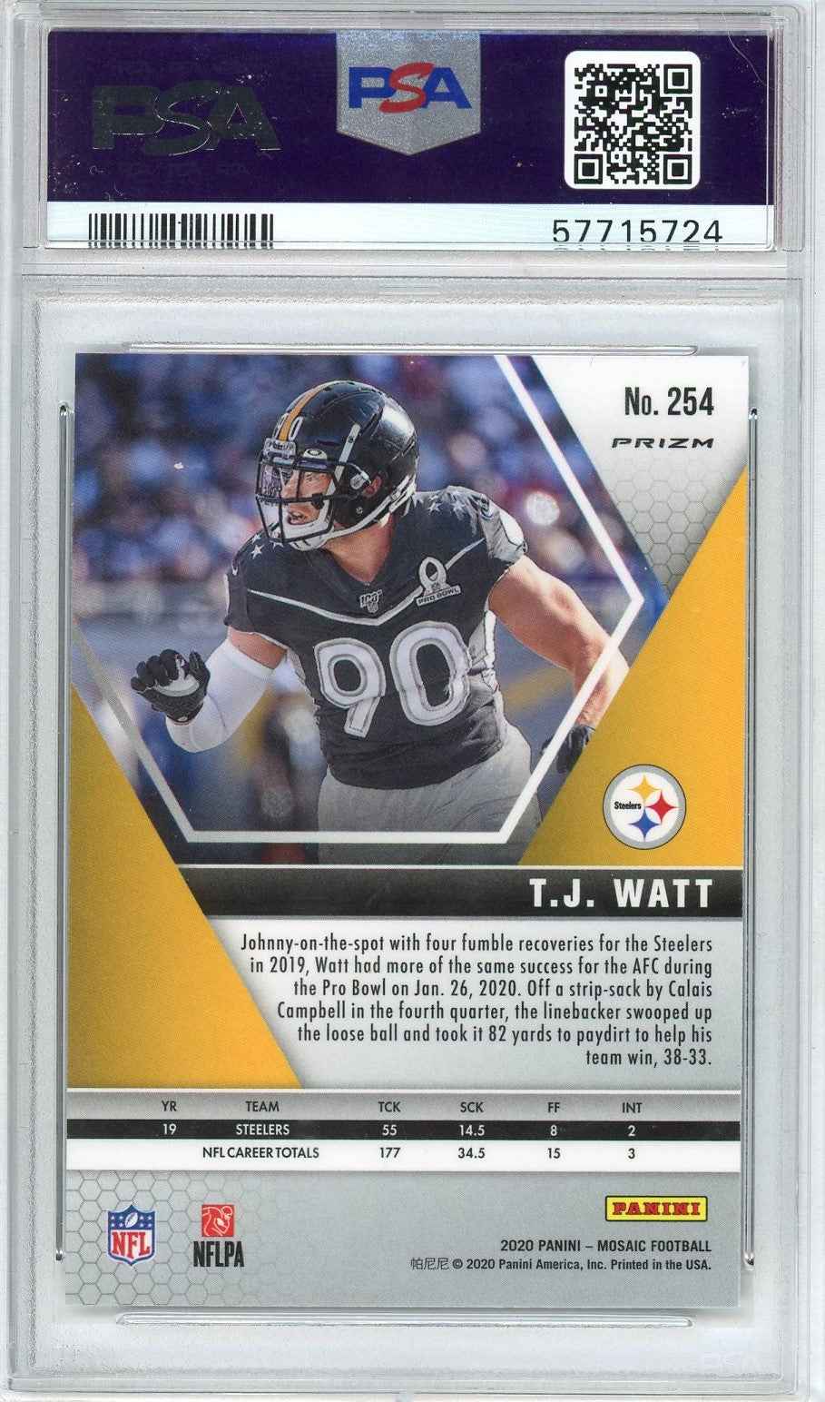Graded 2020 Panini Mosaic T.J. Watt #254 Mosaic Football Card PSA 10 Gem Mint