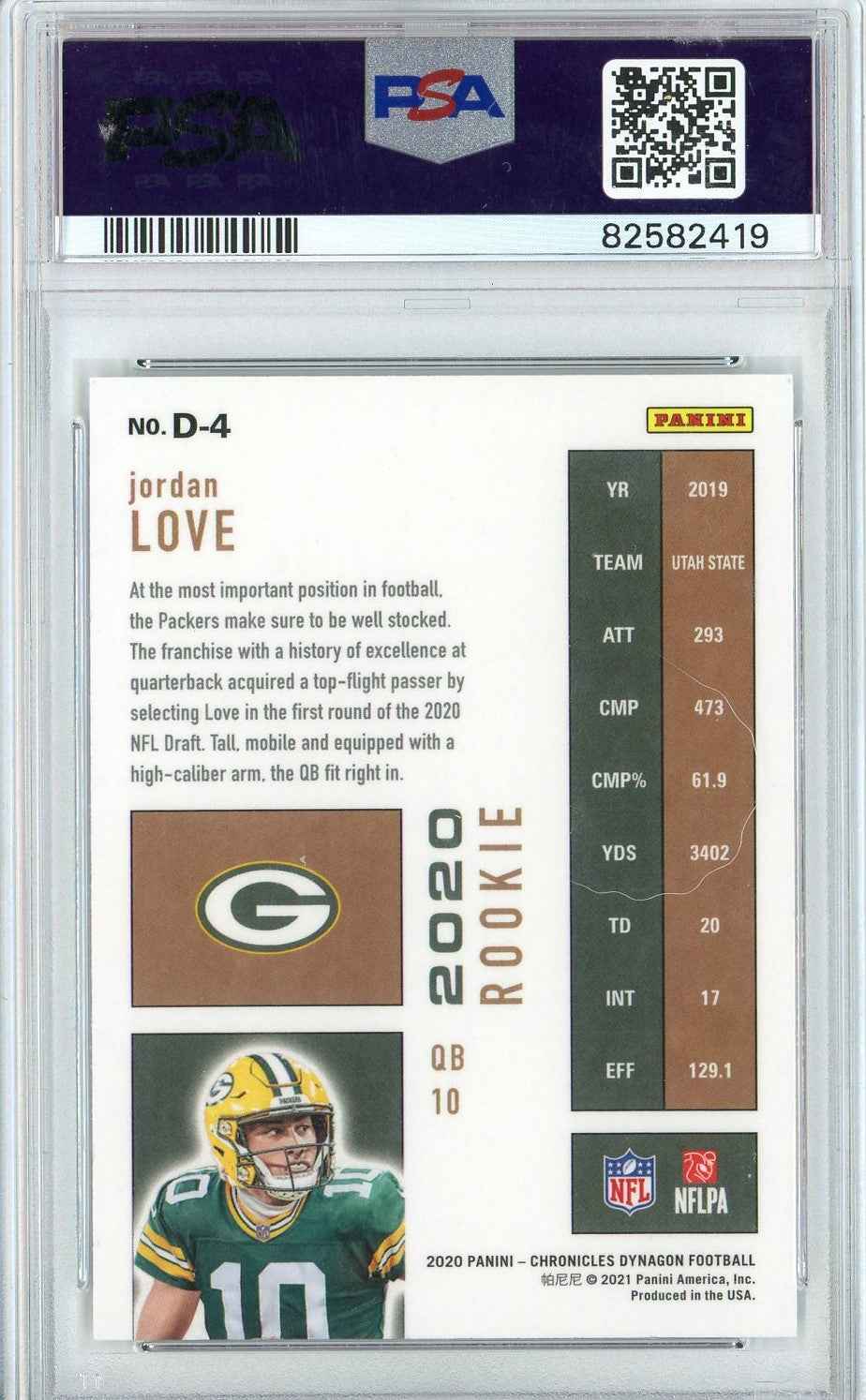 Graded 2020 Panini Chronicles Jordan Love #D4 Dynagon Rookies RC Football Card PSA 10 Gem Mint