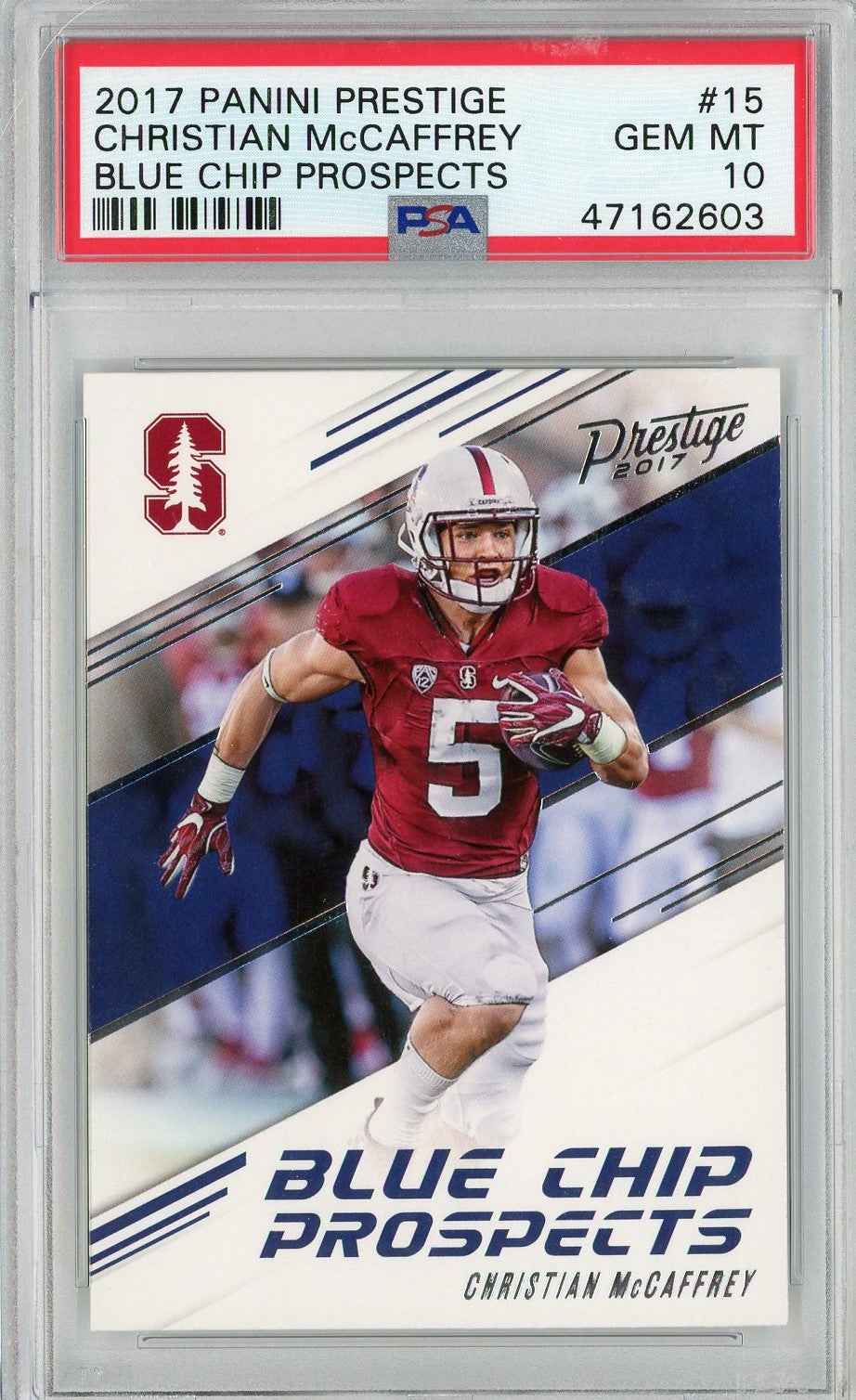 Graded 2017 Panini Prestige Christian McCaffrey #15 Blue Chip Prospects Rookie RC Football Card PSA 10 Gem Mint