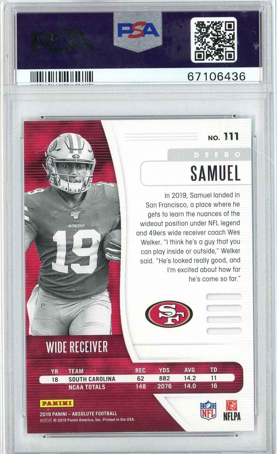 Graded 2019 Panini Absolute Deebo Samuel #111 Rookie RC Football Card PSA 10 Gem Mint