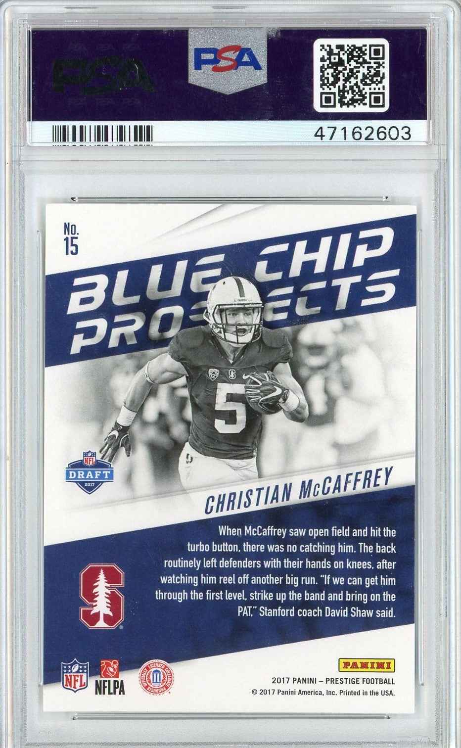 Graded 2017 Panini Prestige Christian McCaffrey #15 Blue Chip Prospects Rookie RC Football Card PSA 10 Gem Mint